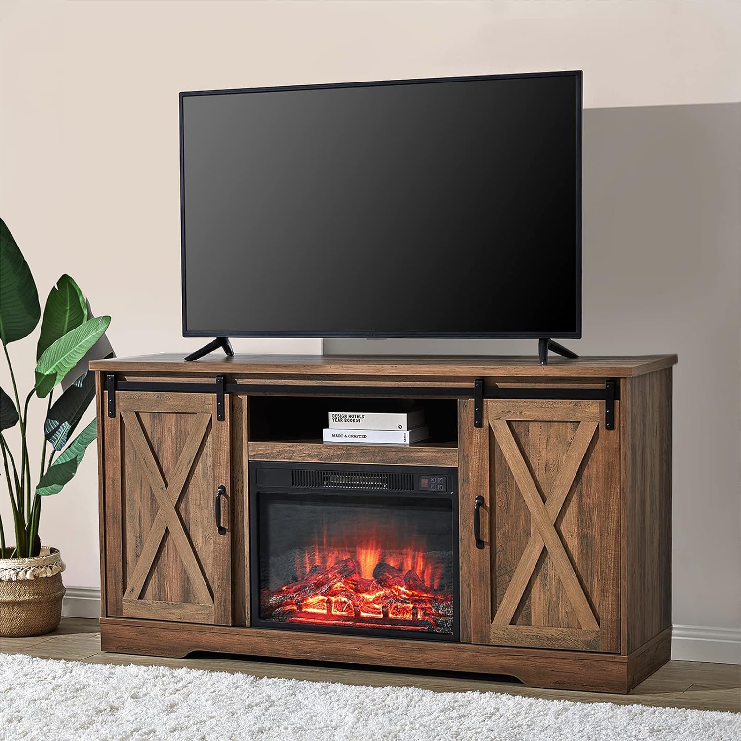 AMERLIFE Fireplace TV Stand with Sliding Barn Door  Farmhouse 63" Fireplace Entertainment Center wourant
