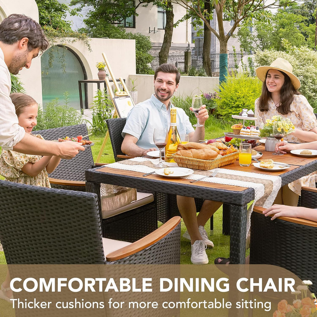 Devoko Dining 7 PCS Furniture Patio Conversation Set with Acacia Wood Table Top Rattan Outdoor wourant