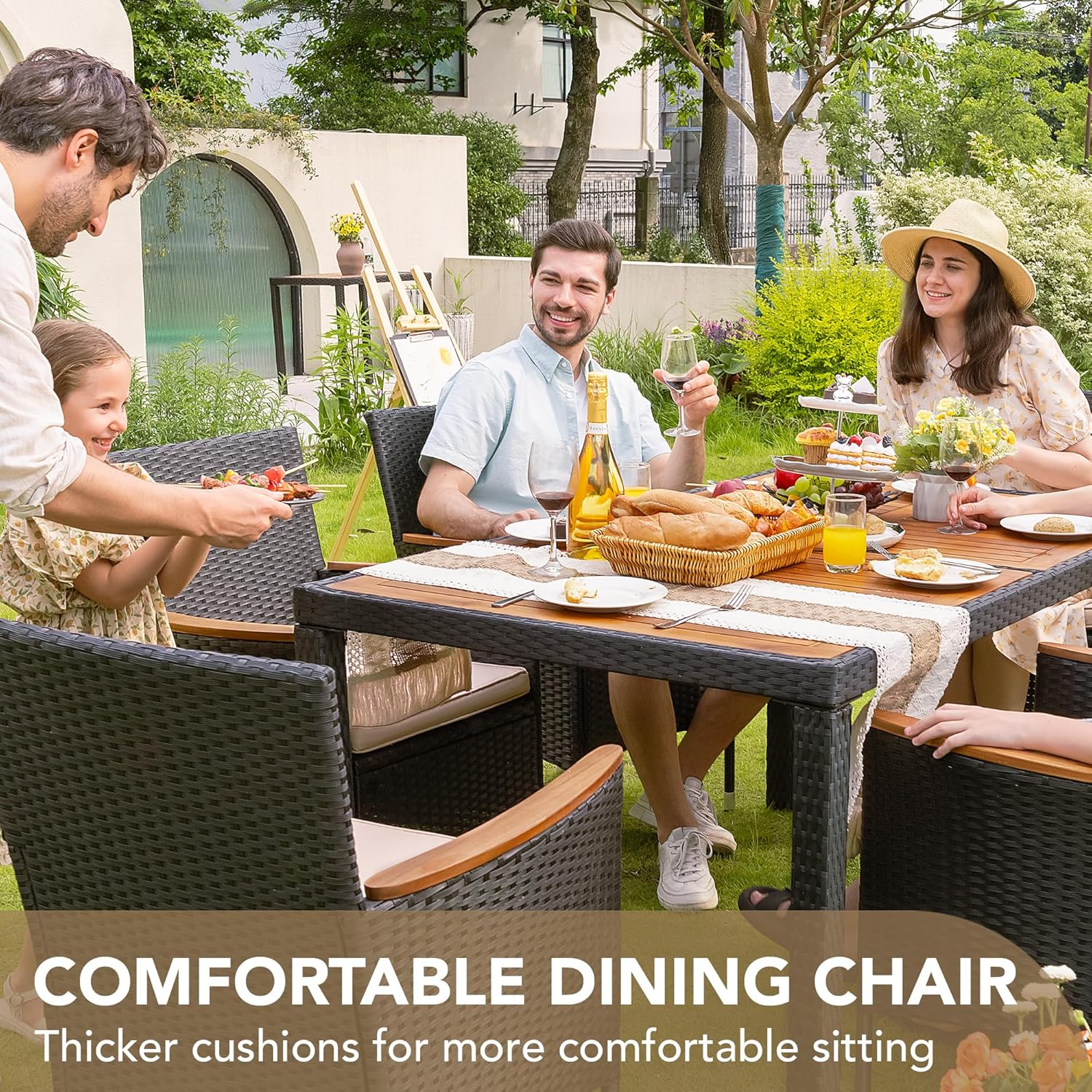 Devoko Dining 7 PCS Furniture Patio Conversation Set with Acacia Wood Table Top Rattan Outdoor wourant