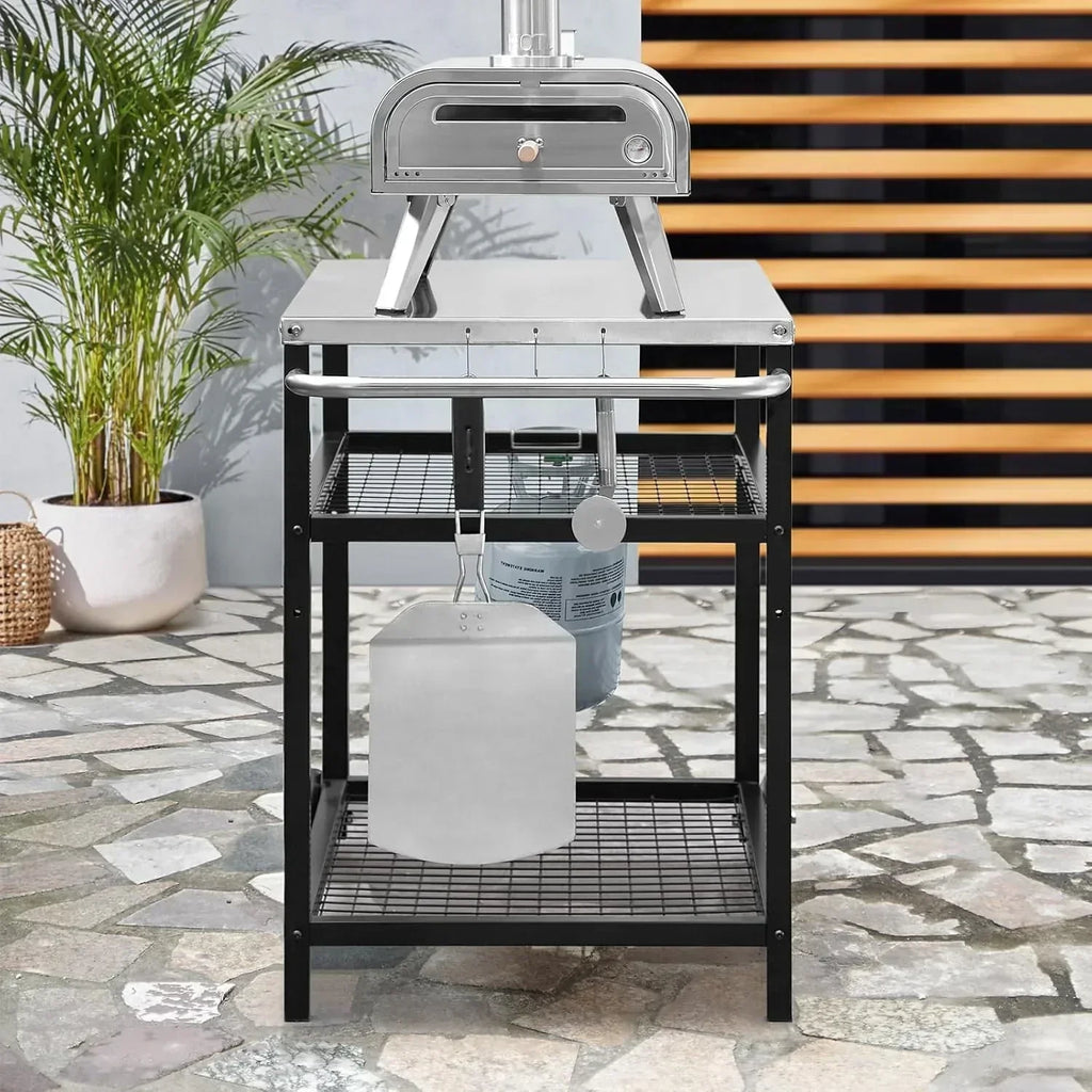 Stainless Steel Outdoor Grill Cart Pizza Oven Stand Trolley Table with Wheels Three-Shelf wourant