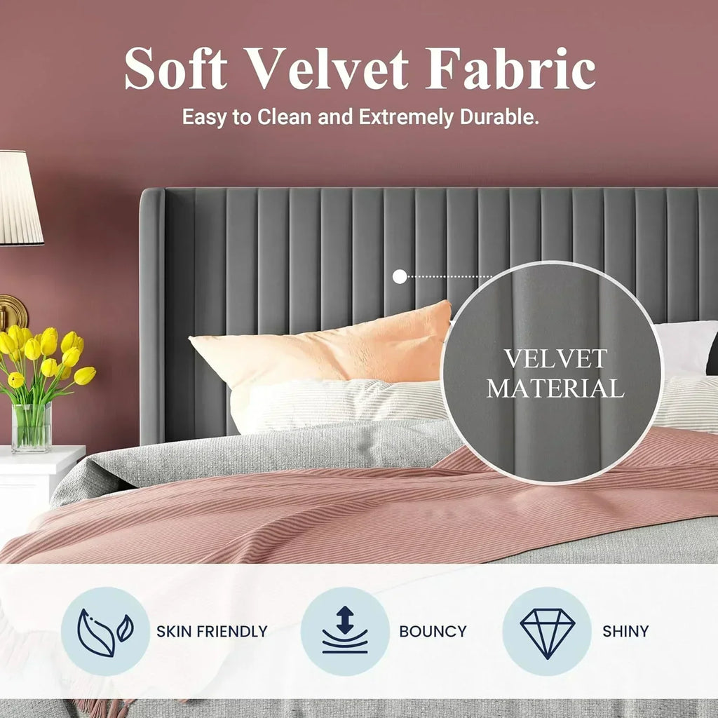 Allewie Full Size Velvet Bed Frame Vertical Channel Tufted Wingback Headboard Upholstered Bed wourant