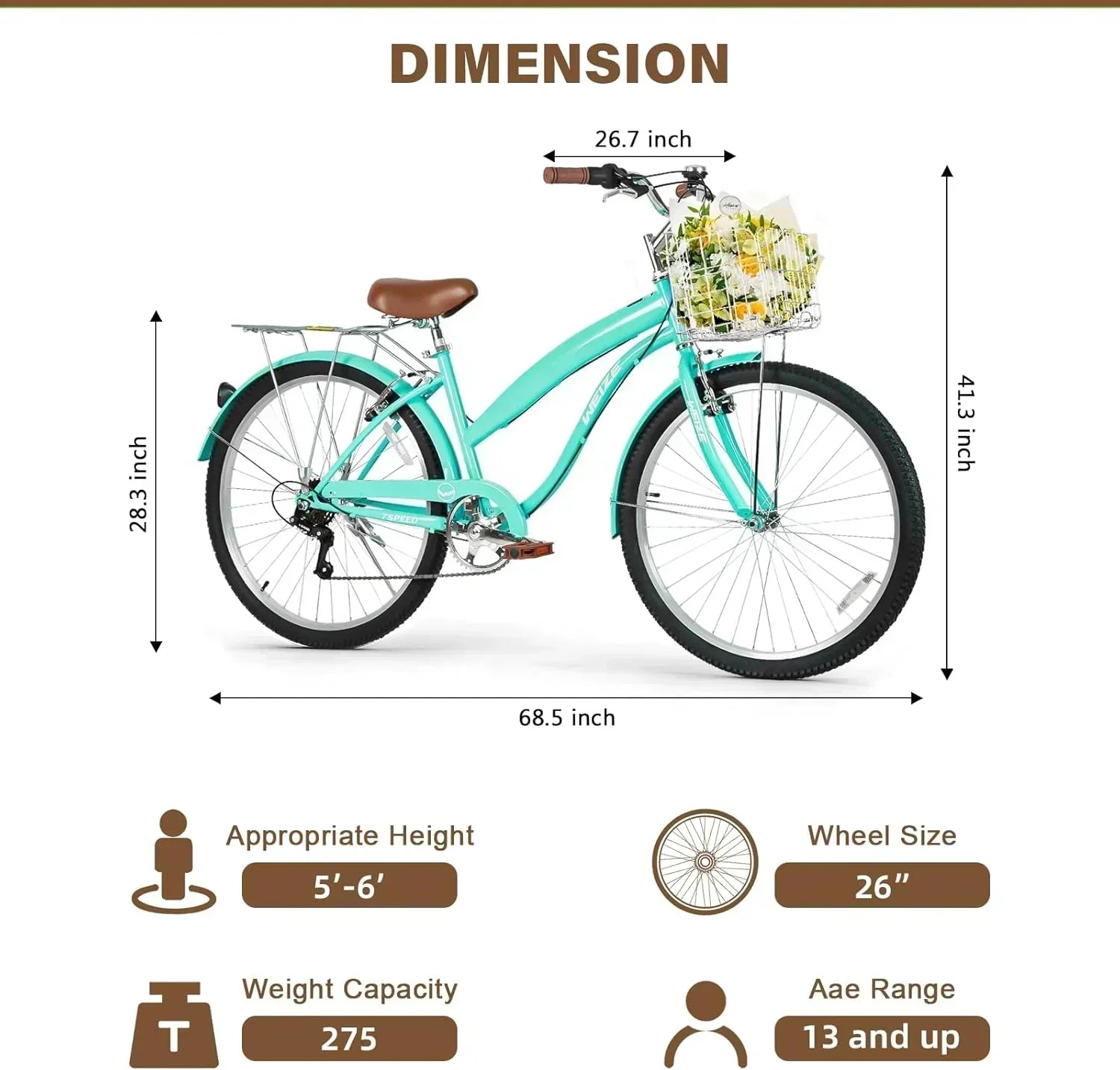 WEIZE Beach Cruiser Bike 26 inch Commuter Bicycle for Adult Men and Women 7-Speed/High-Carbon wourant