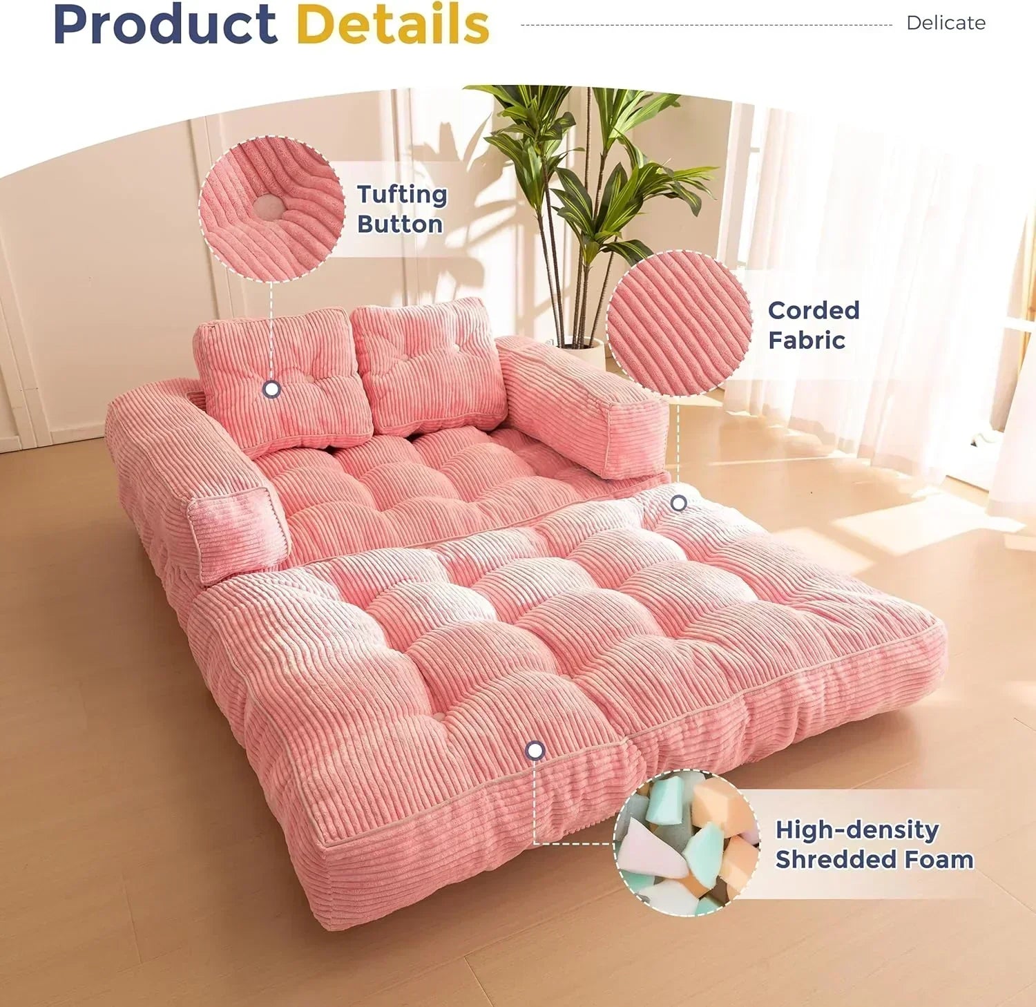Folding Sofa Bed L-Shaped Convertible Sofa Bed with Armrests and Pillows wourant
