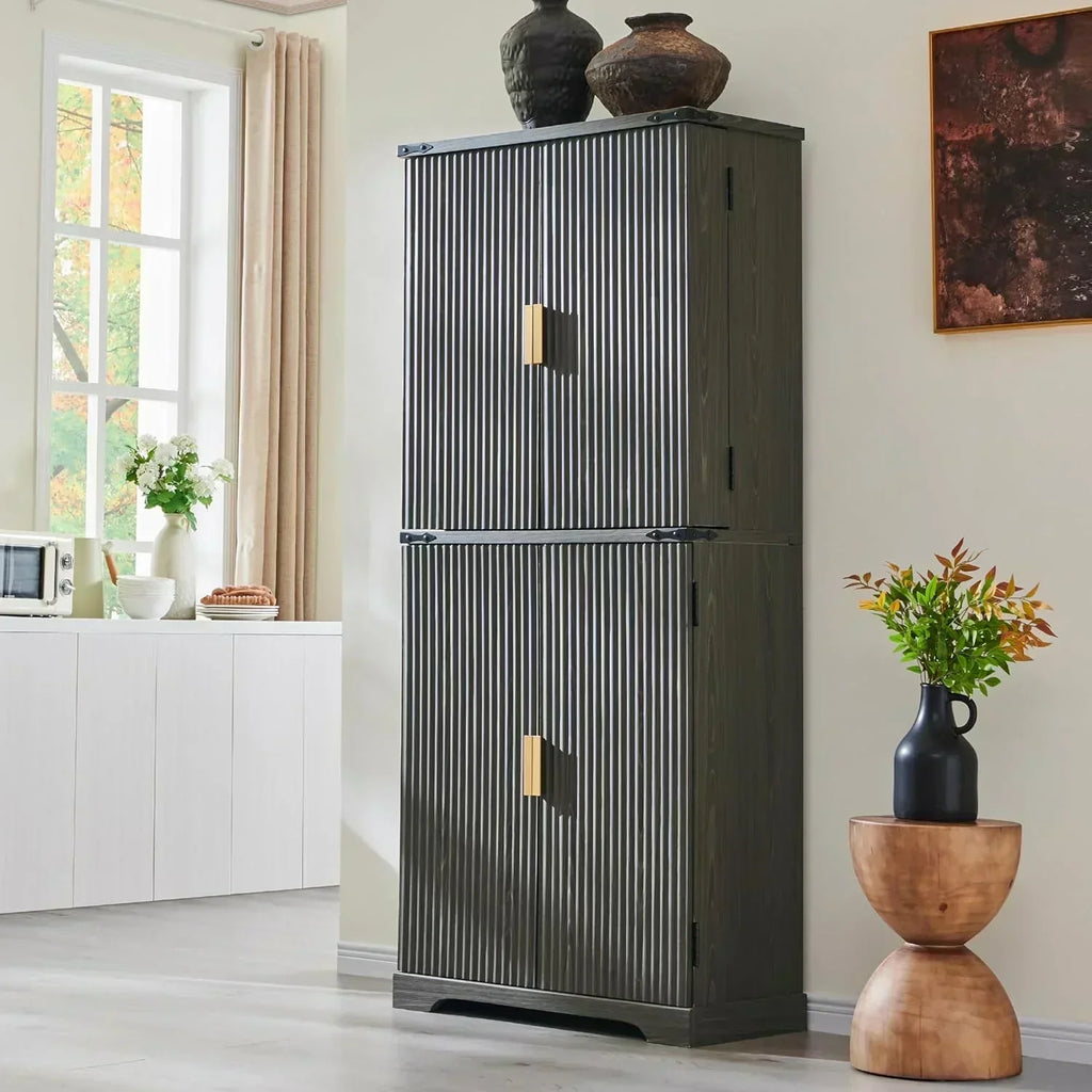 Fluted Pantry Cabinet 72" Tall Modern Storage Cabinet with 4 Doors Organizer Drawer wourant