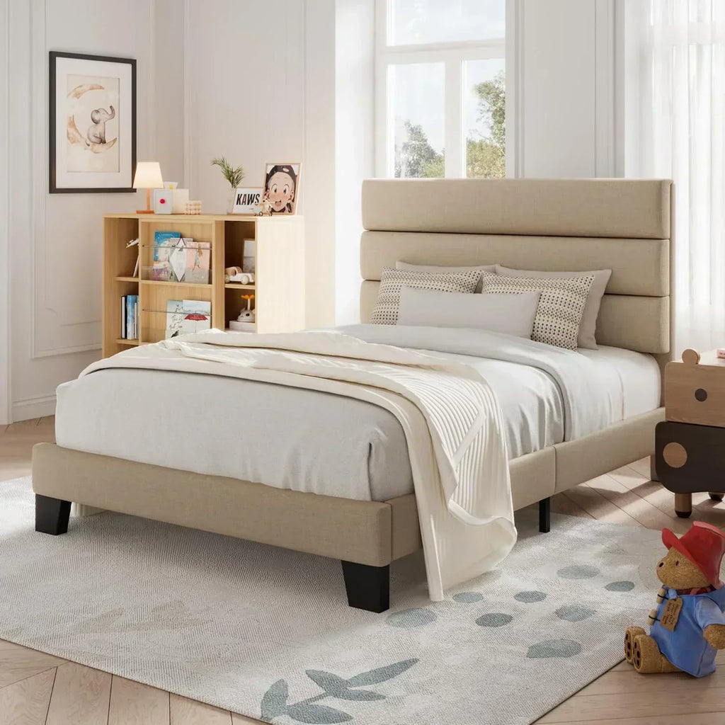 Allewie Queen Size Platform Bed Frame with Fabric Upholstered Headboard Wooden Slats Support wourant