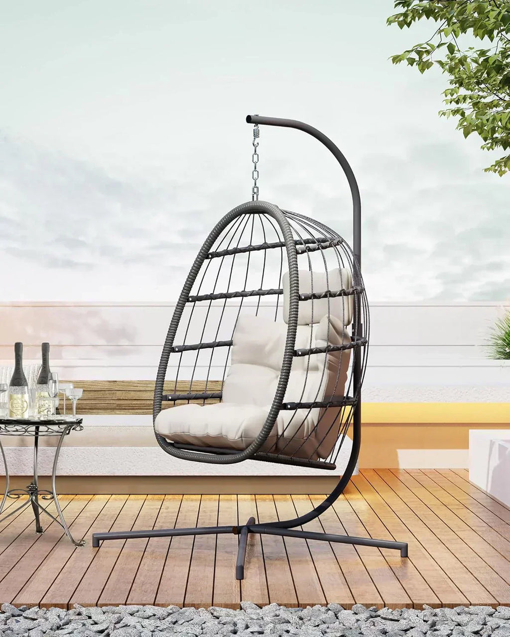 HWB Hanging Egg Chair with Stand Patio Wicker Hammock Egg Swing Chair Cushion for Bedroom wourant