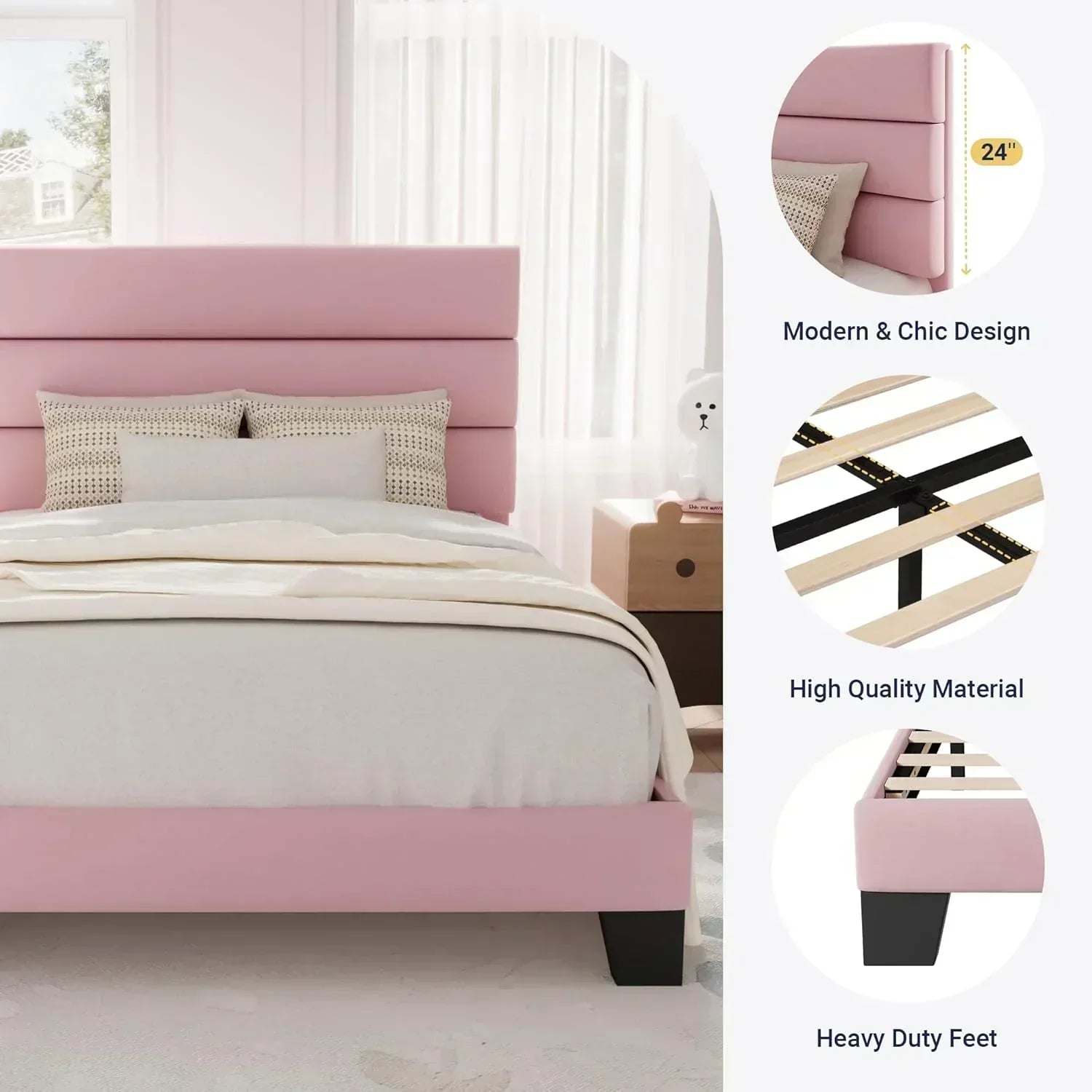 Allewie Queen Size Platform Bed Frame with Fabric Upholstered Headboard Wooden Slats Support wourant