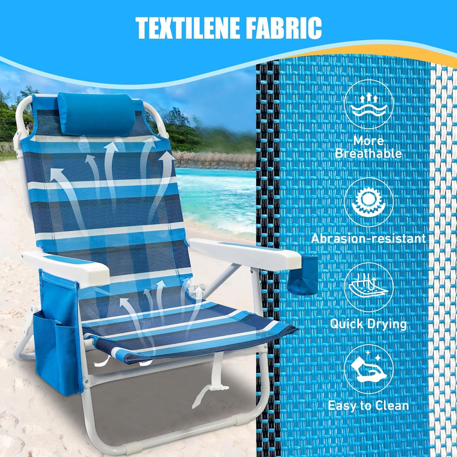 Beach Chair 2 Pack 5 Positions Textilene Folding Reclining Beach Chair with Straps Cooler Bag wourant