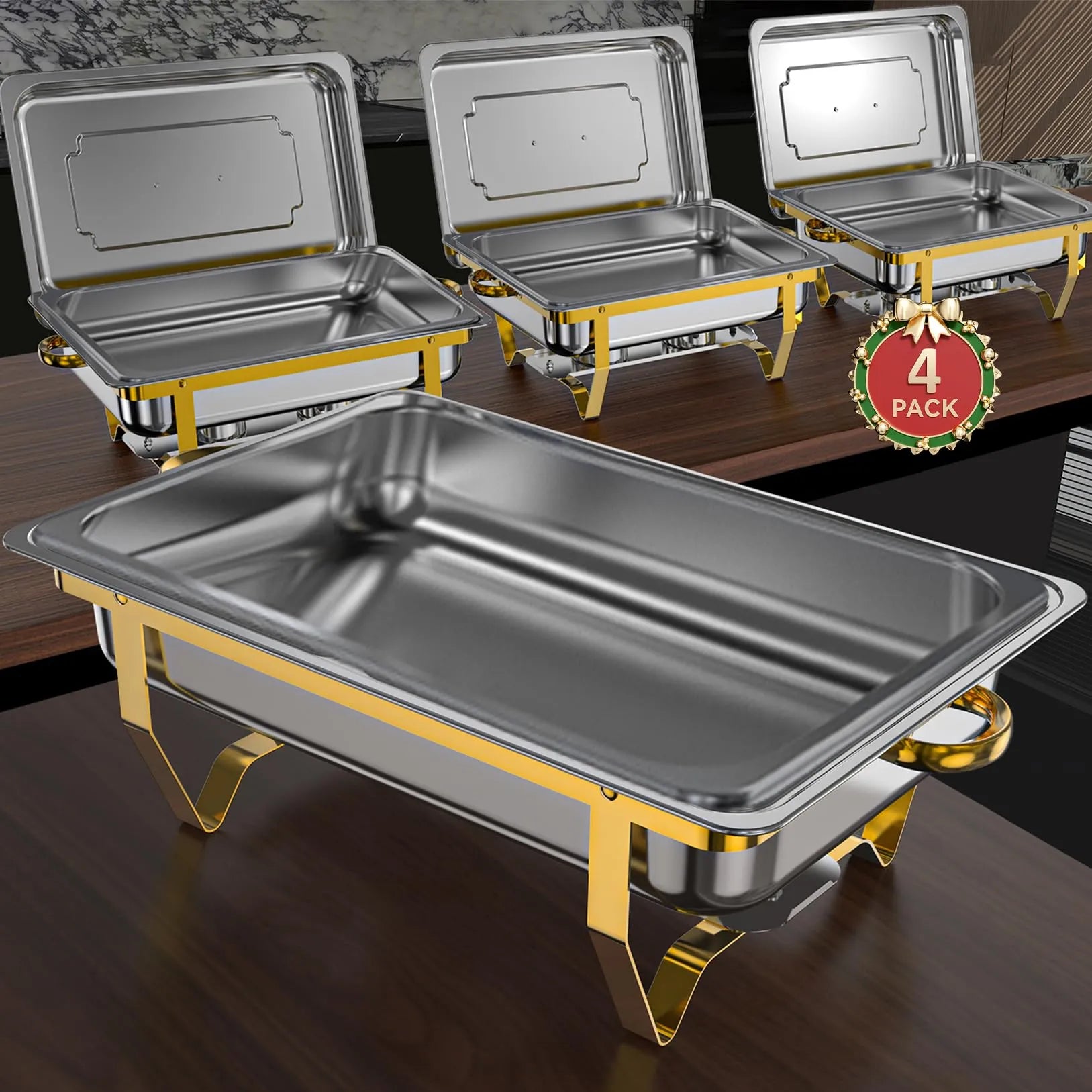 Chafing Dish Buffet Set, 8QT High Grade Chafing Dishes for Buffet, Chafers and Buffet Warmers Sets for Wedding, Rolled-Edge Design with Gold and Silver, 4 Pack (1 Pan, 1 Pan, 2x1/2 Pan, 3x1/3 Pan) wourant