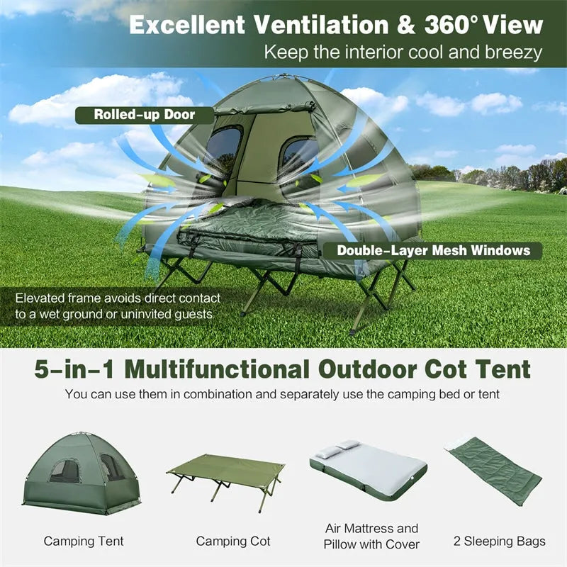 5-in-1 Tent Cot 2-Person Portable Outdoor Camping Tent Combo with Air Mattress Sleeping Bag & Sunshade wourant