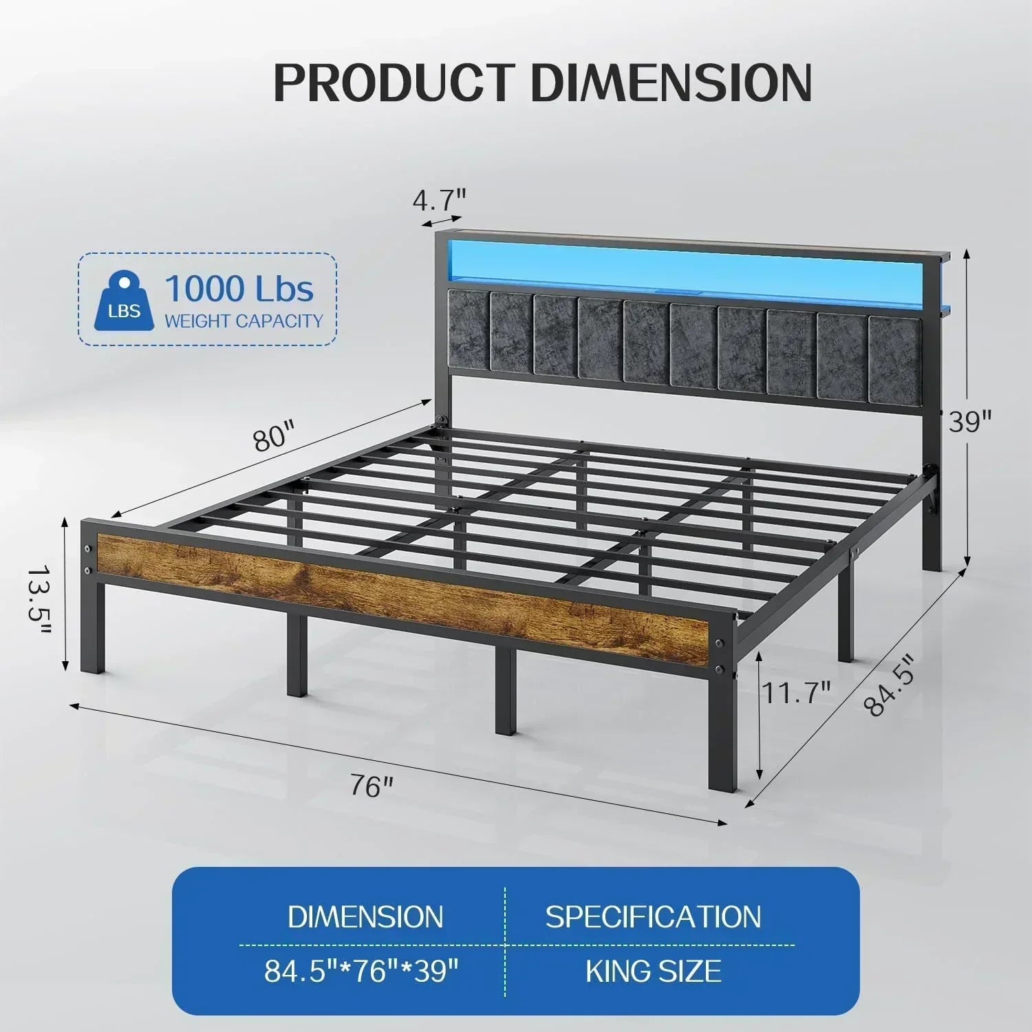 Queen Size Bed Frame with 2-Tier Storage Shelves Headboard Platform Bed with Charging Station wourant