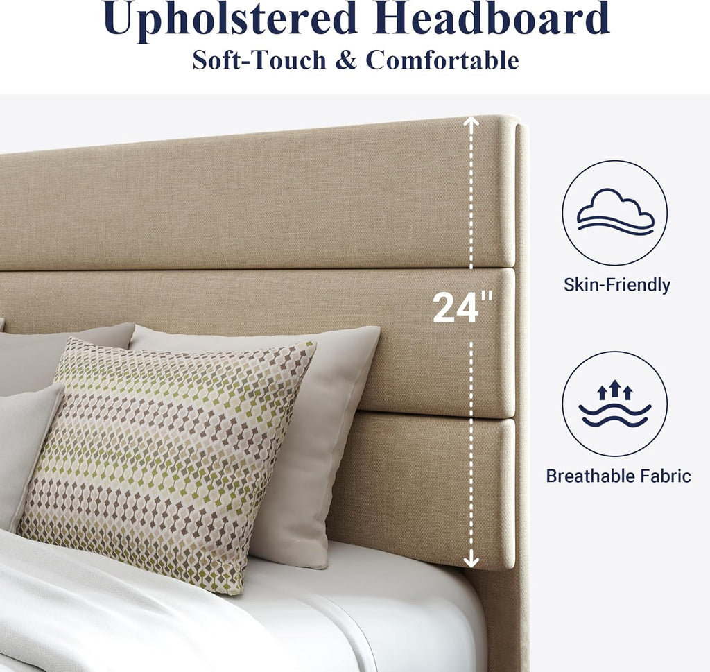 Allewie King size platform bed frame with velvet upholstered headboard and planks wourant