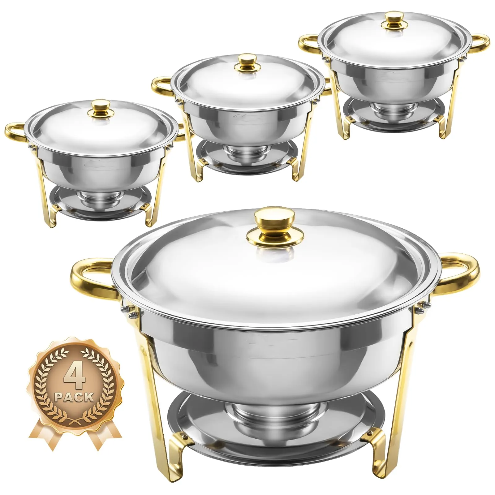 Chafing Dishes for Buffet 4 Pack, 6QT Round Chafing Dishes for Buffet [Elegant Gold and Silver Colors] Stainless Steel Chafing Dish Buffet Set for Any Party wourant