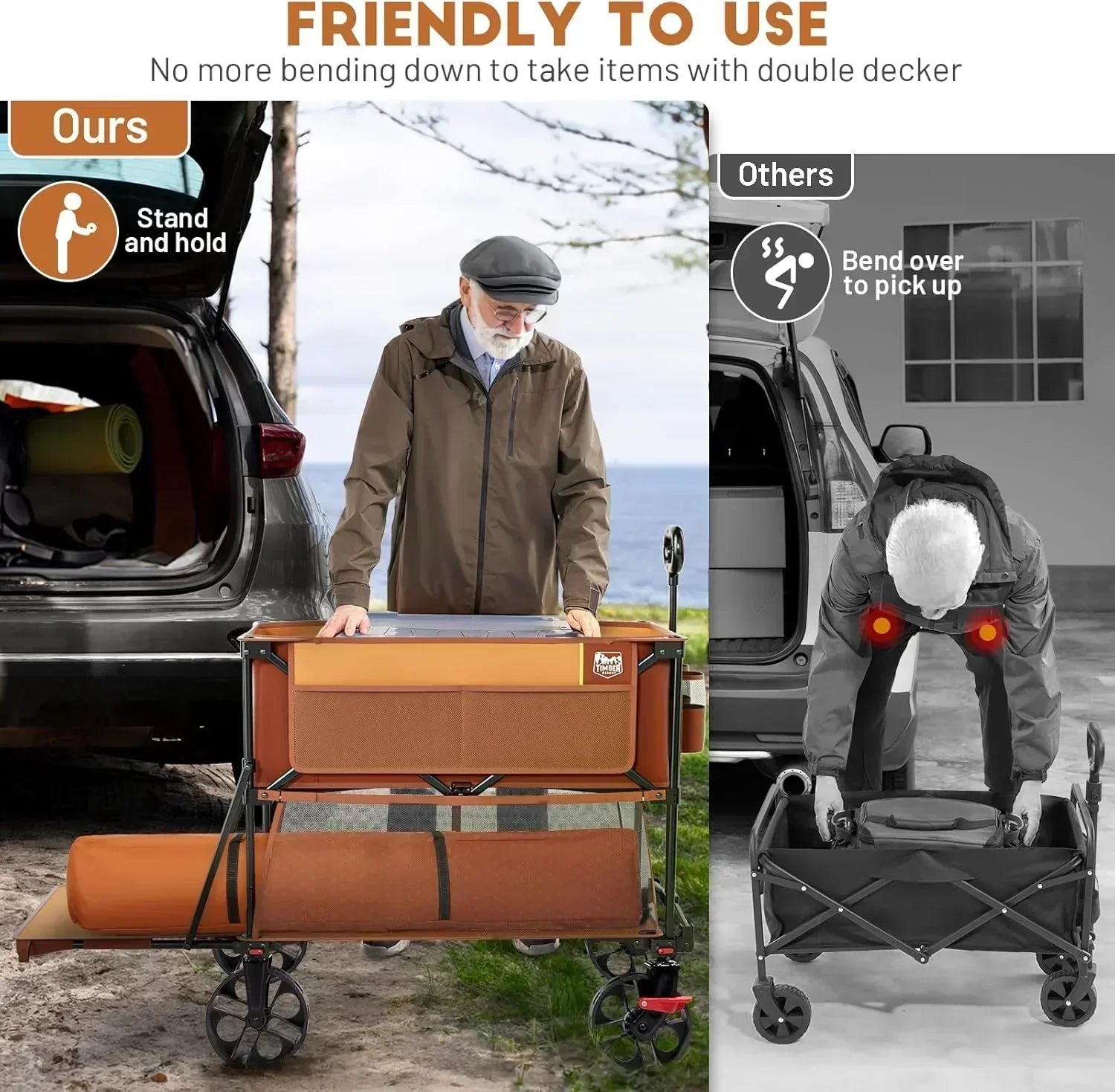 400L Large Capacity Folding Double Decker Cart with Brakes 54 Inch Extra Long Extended Cart wourant