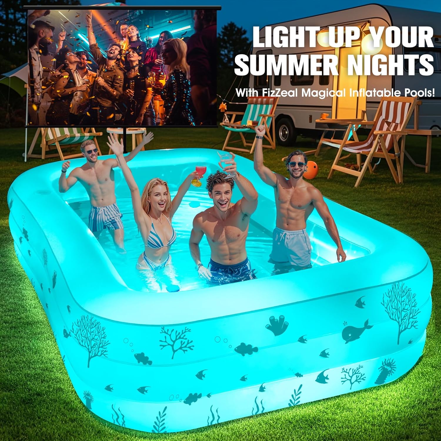 Inflatable Pool with Seat and Pool Lights Durable Thickened Large Size Family Inflatable Pools wourant