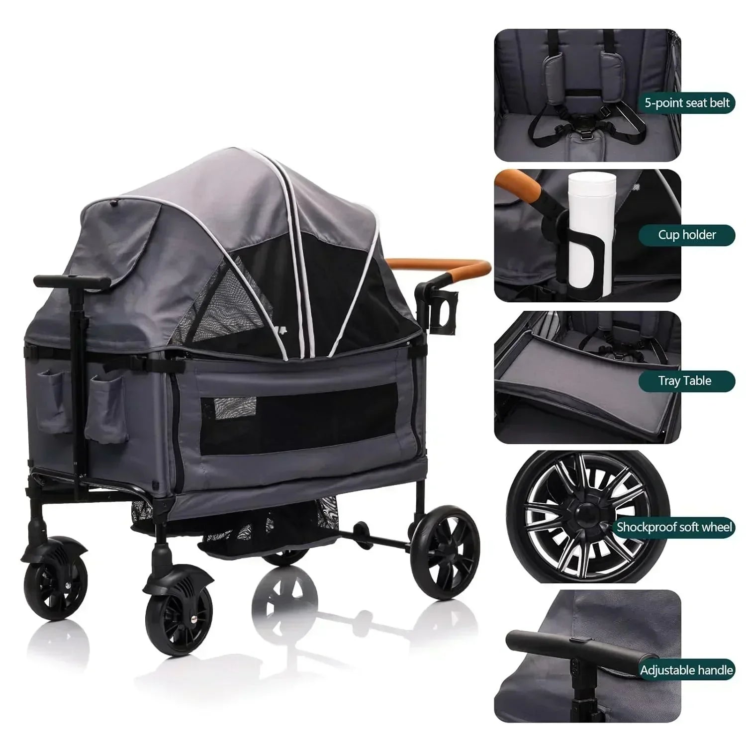 Wagon Stroller for 2 Kids Cargo-Travel Stroller Push-Pull Double Wagon Lightweight Folding Stroller wourant