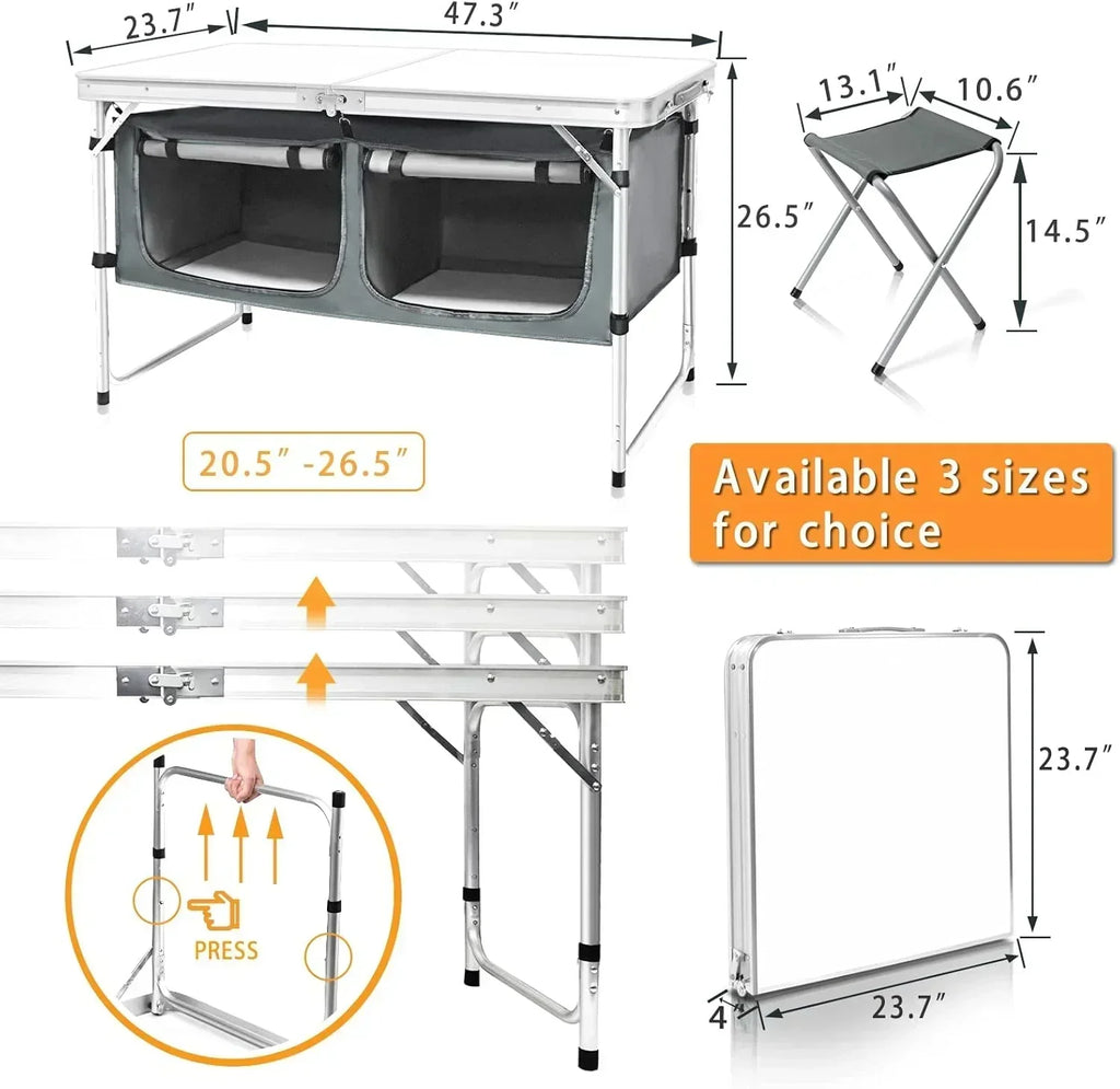 Outdoor Folding Table Aluminum Lightweight Height Adjustable with Storage Organizer wourant