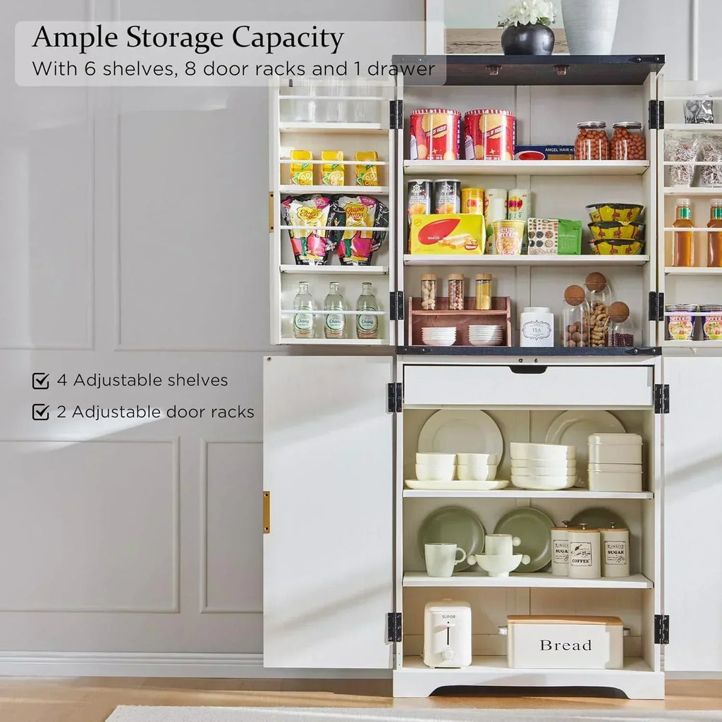 Fluted Pantry Cabinet 72" Tall Modern Storage Cabinet with 4 Doors Organizer Drawer wourant