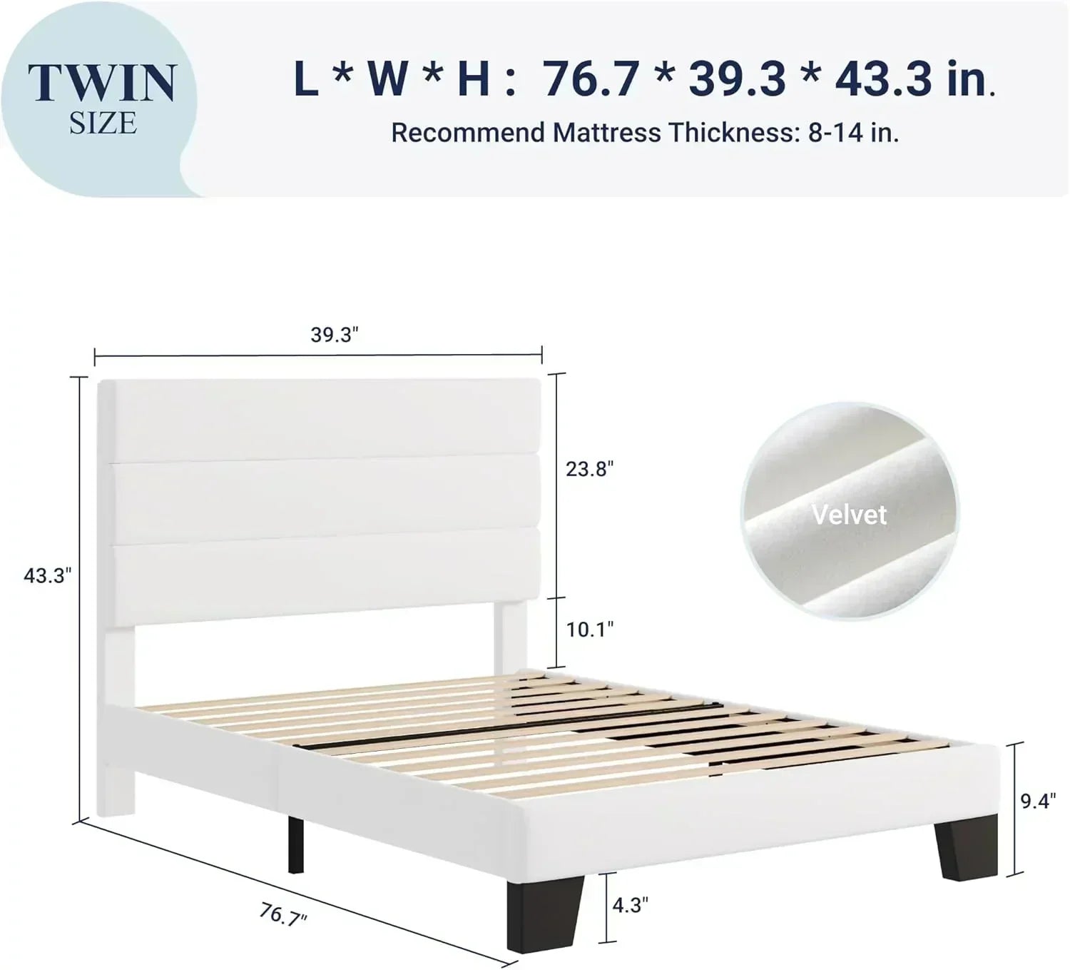 Allewie King size platform bed frame with velvet upholstered headboard and planks wourant