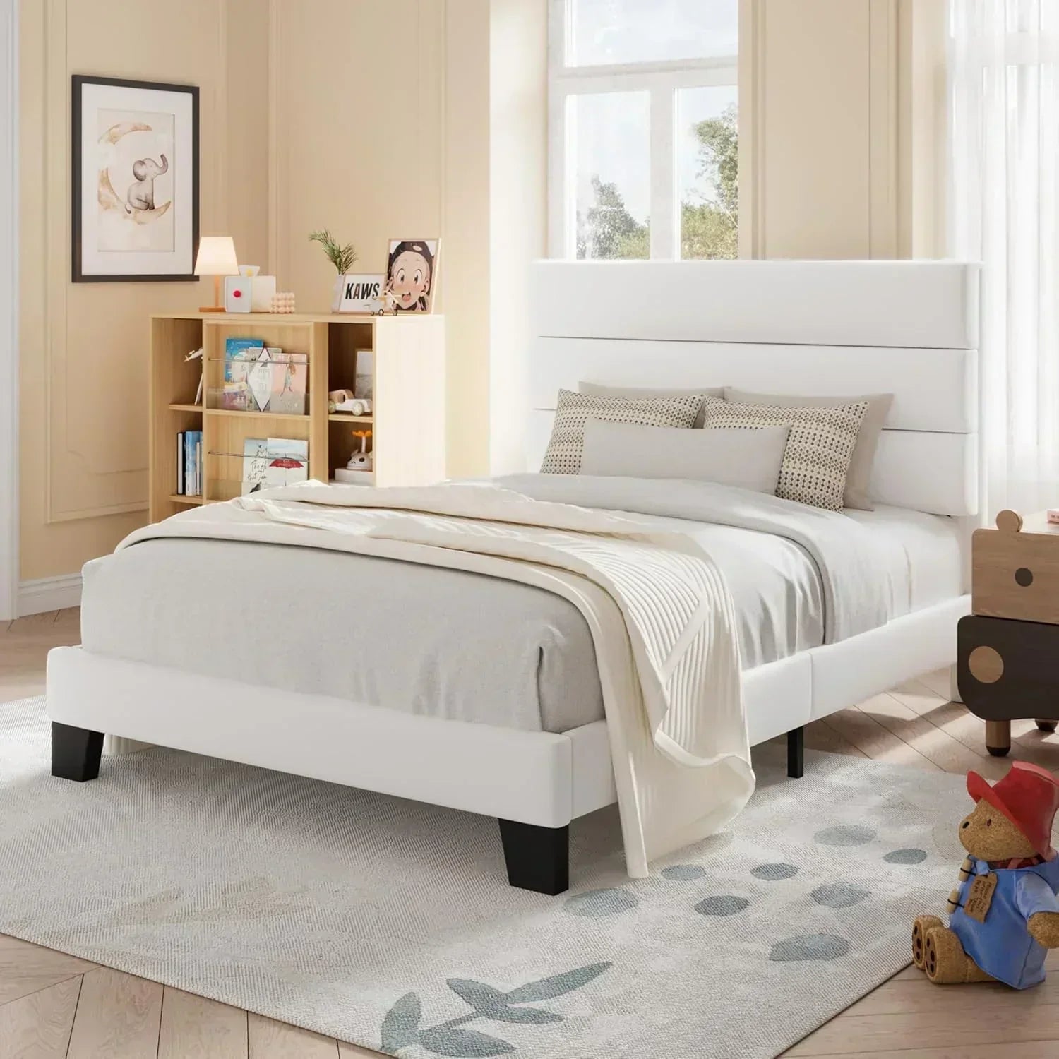 Allewie Queen Size Platform Bed Frame with Fabric Upholstered Headboard Wooden Slats Support wourant