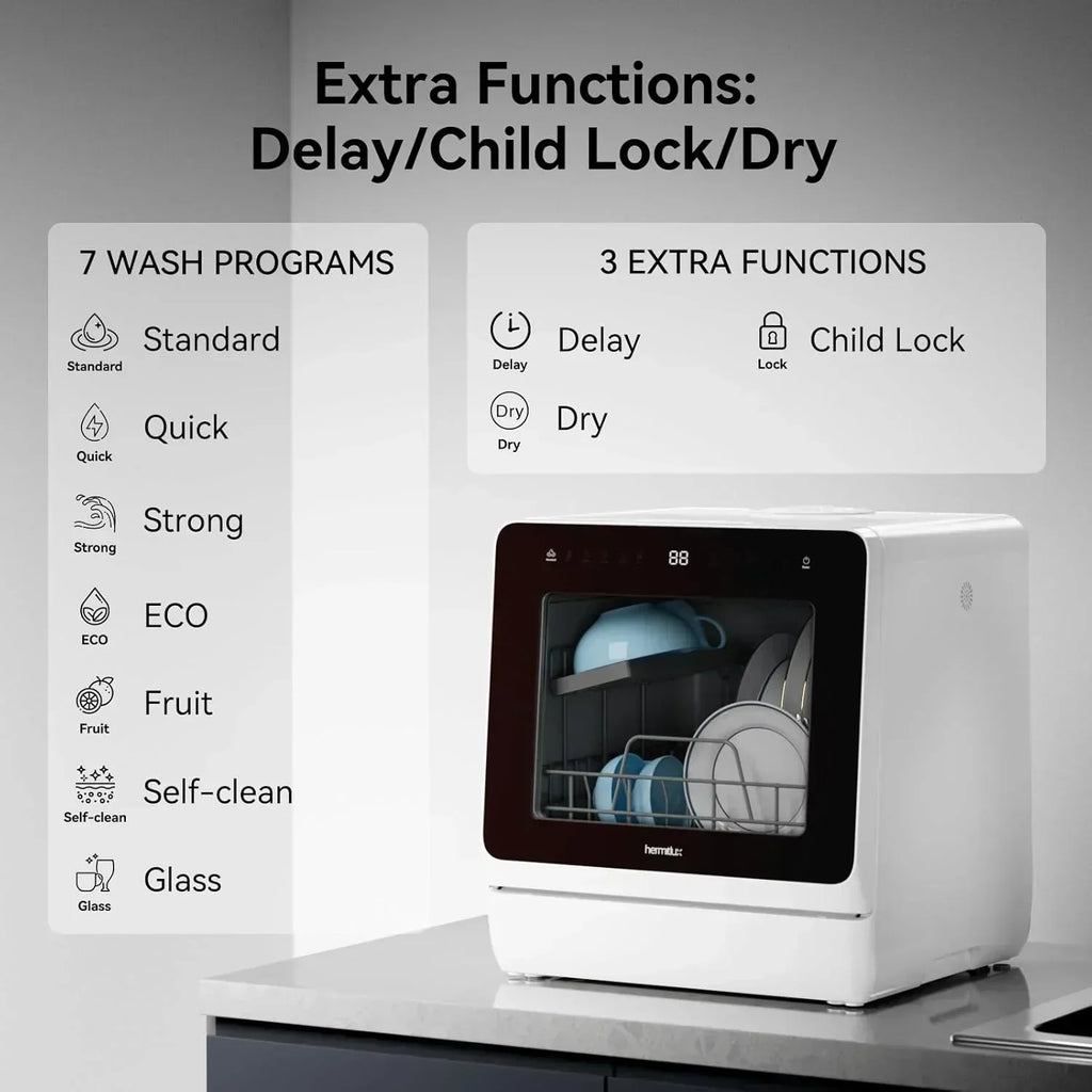 Hermitlux tabletop dishwasher 7 wash programs portable mini dishwasher wourant