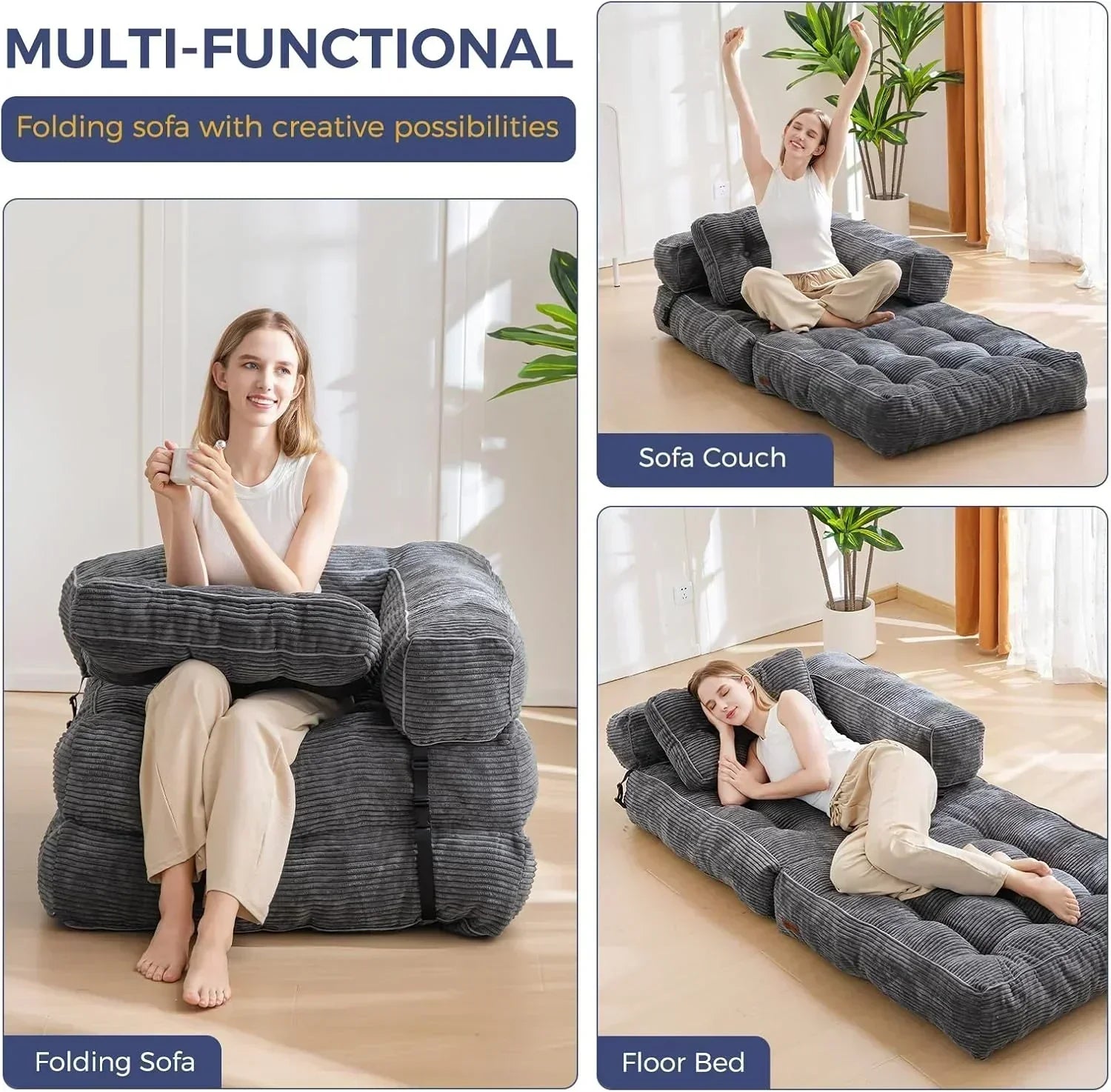 Folding Sofa Bed L-Shaped Convertible Sofa Bed with Armrests and Pillows wourant