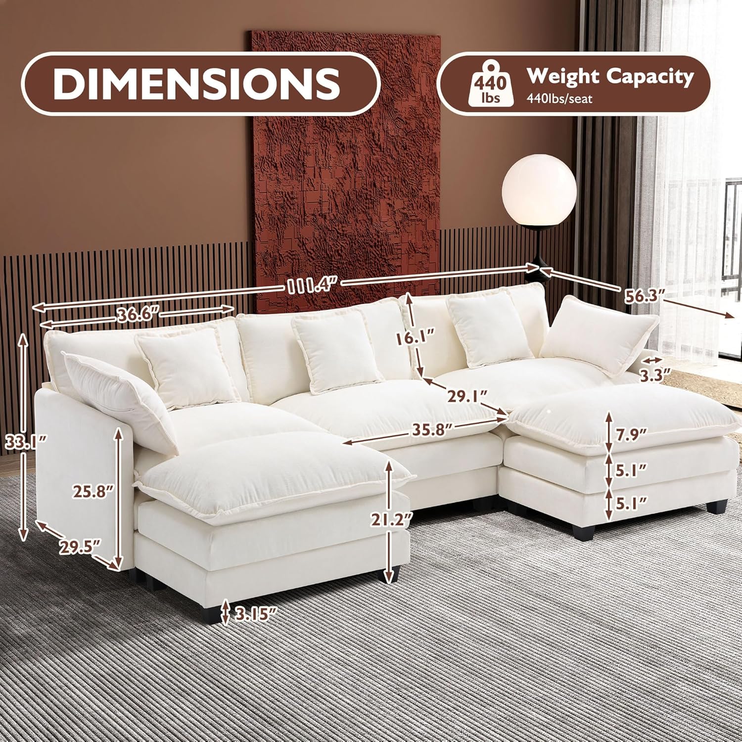 111.4 Inch L Shaped Modern Sofa Modular Cloud Sofa with Ottoman 4 Seater Chenille Deep Seat Sofa wourant
