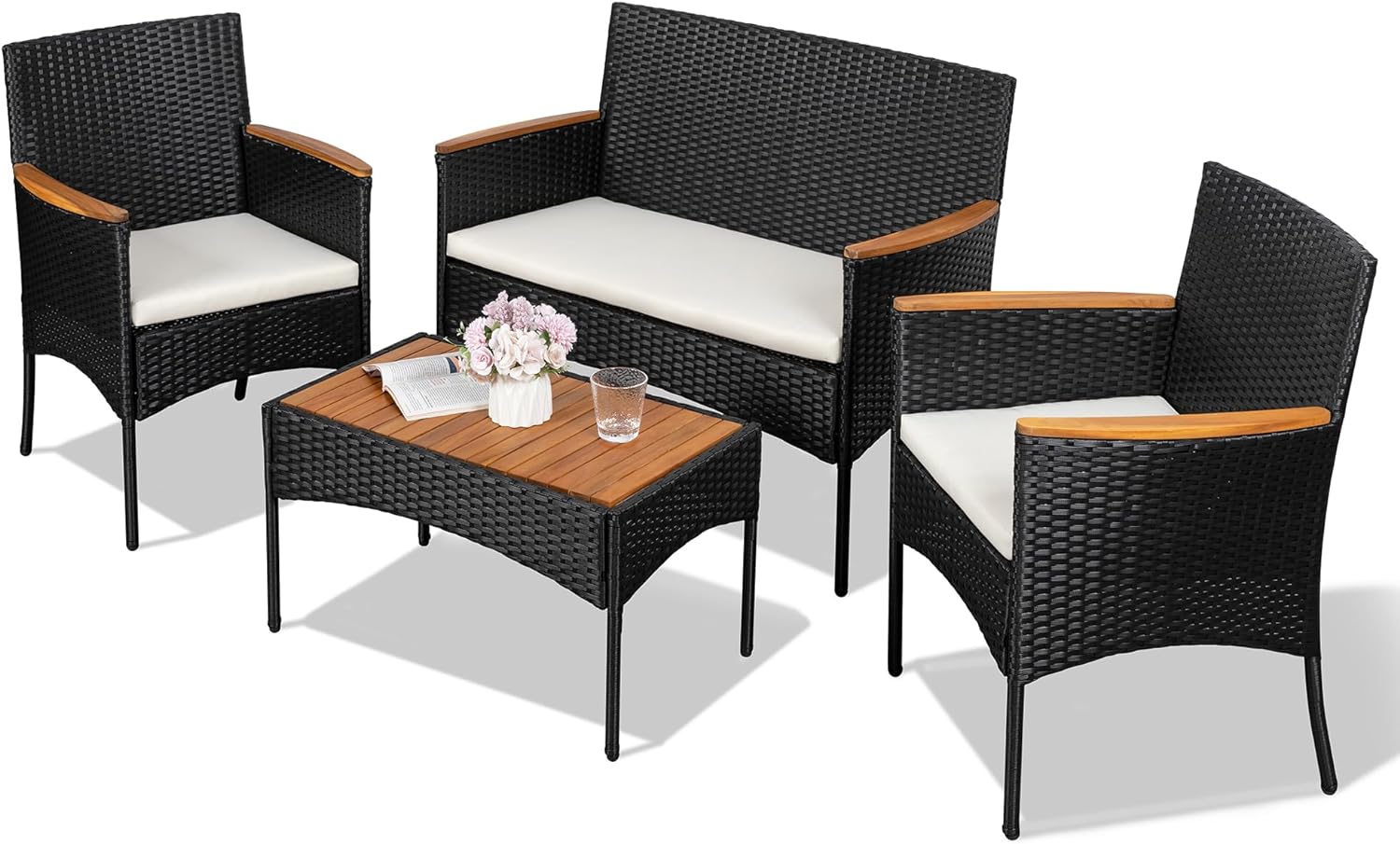 Shintenchi 4-Piece Patio Furniture Set Outdoor Wicker Patio Conversation Furniture Set with Cushions wourant