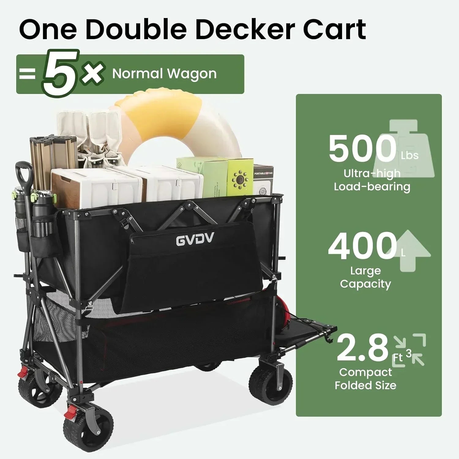 Double-decker cart 500 lb capacity 400 liter foldable cart all-terrain wheels foldable cart wourant
