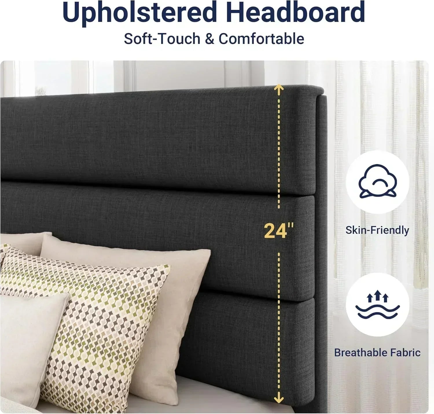 Allewie Queen Size Platform Bed Frame with Fabric Upholstered Headboard Wooden Slats Support wourant