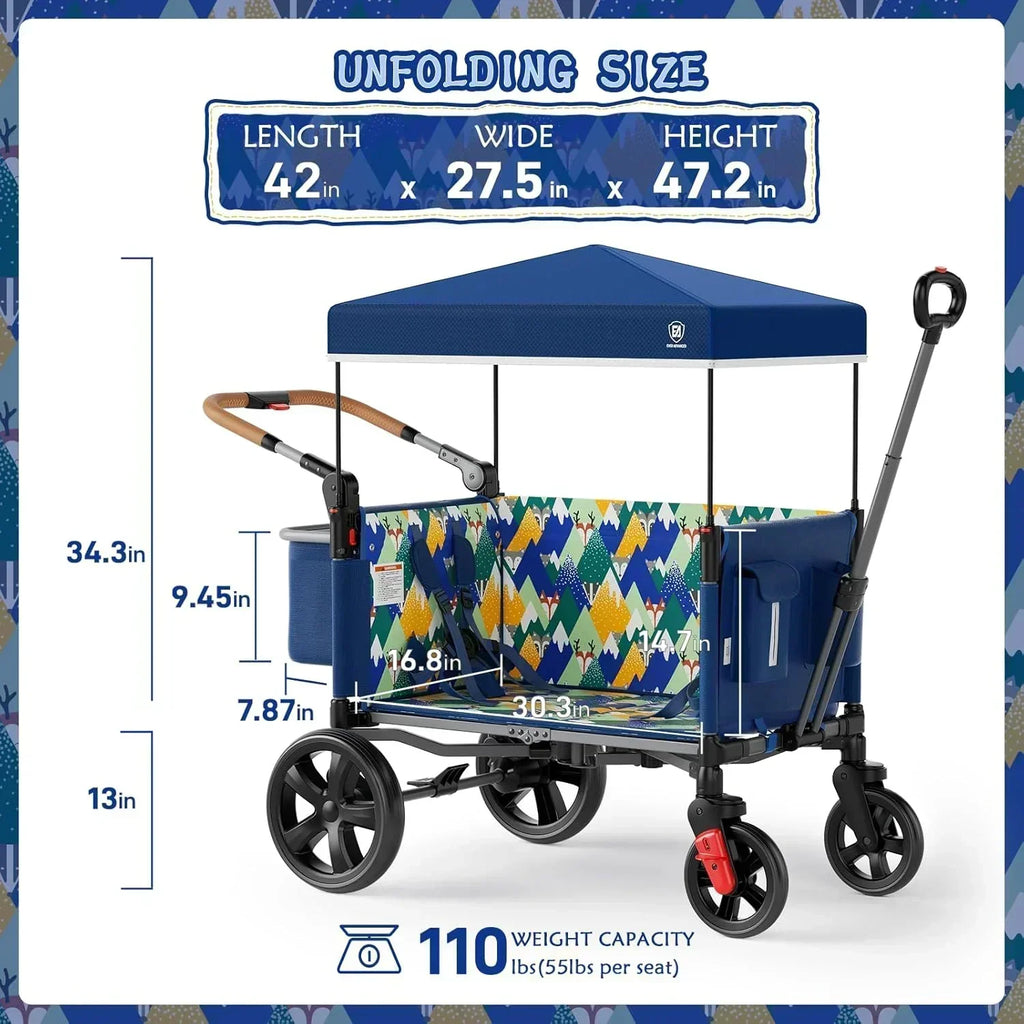 EVER ADVANCED Side-unzip Wagon Stroller for 2 Kids Push Pull Stroller with Adjustable Handle wourant