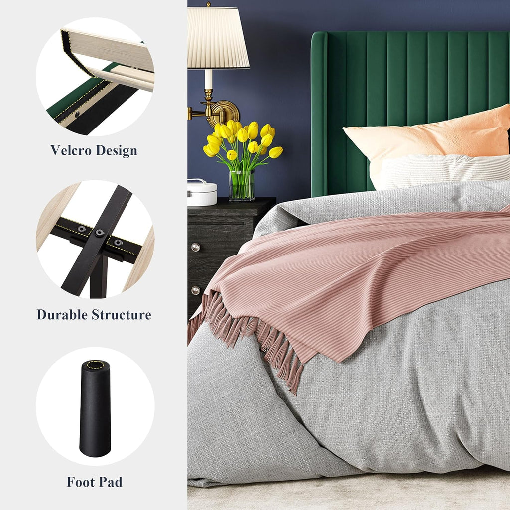 Allewie Full Size Velvet Bed Frame Vertical Channel Tufted Wingback Headboard Upholstered Bed wourant