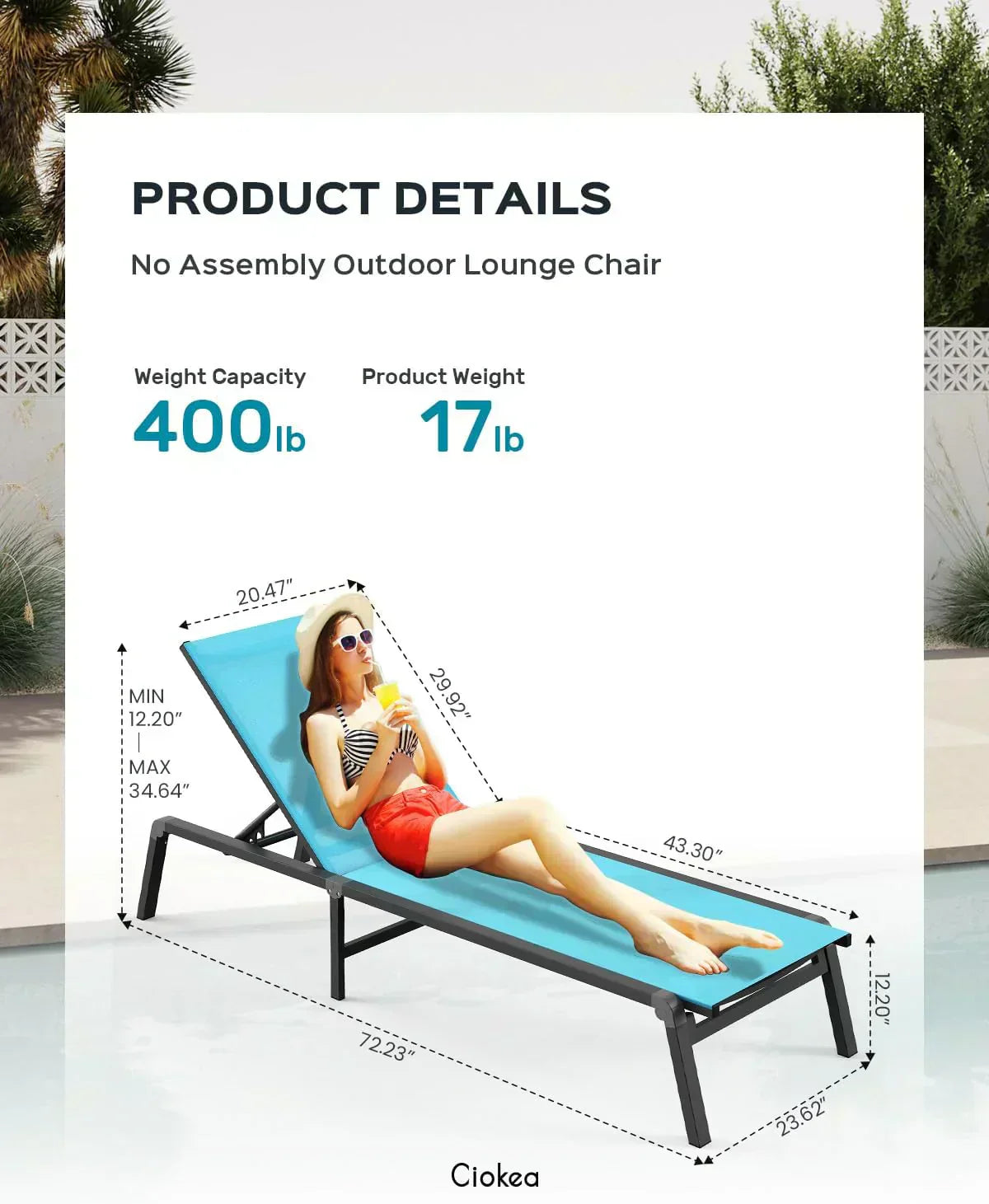 Aluminum Chaise Lounge Outdoor Foldable Assemble Free Outdoor Lounge Chair 5 Adjustable Backrest wourant
