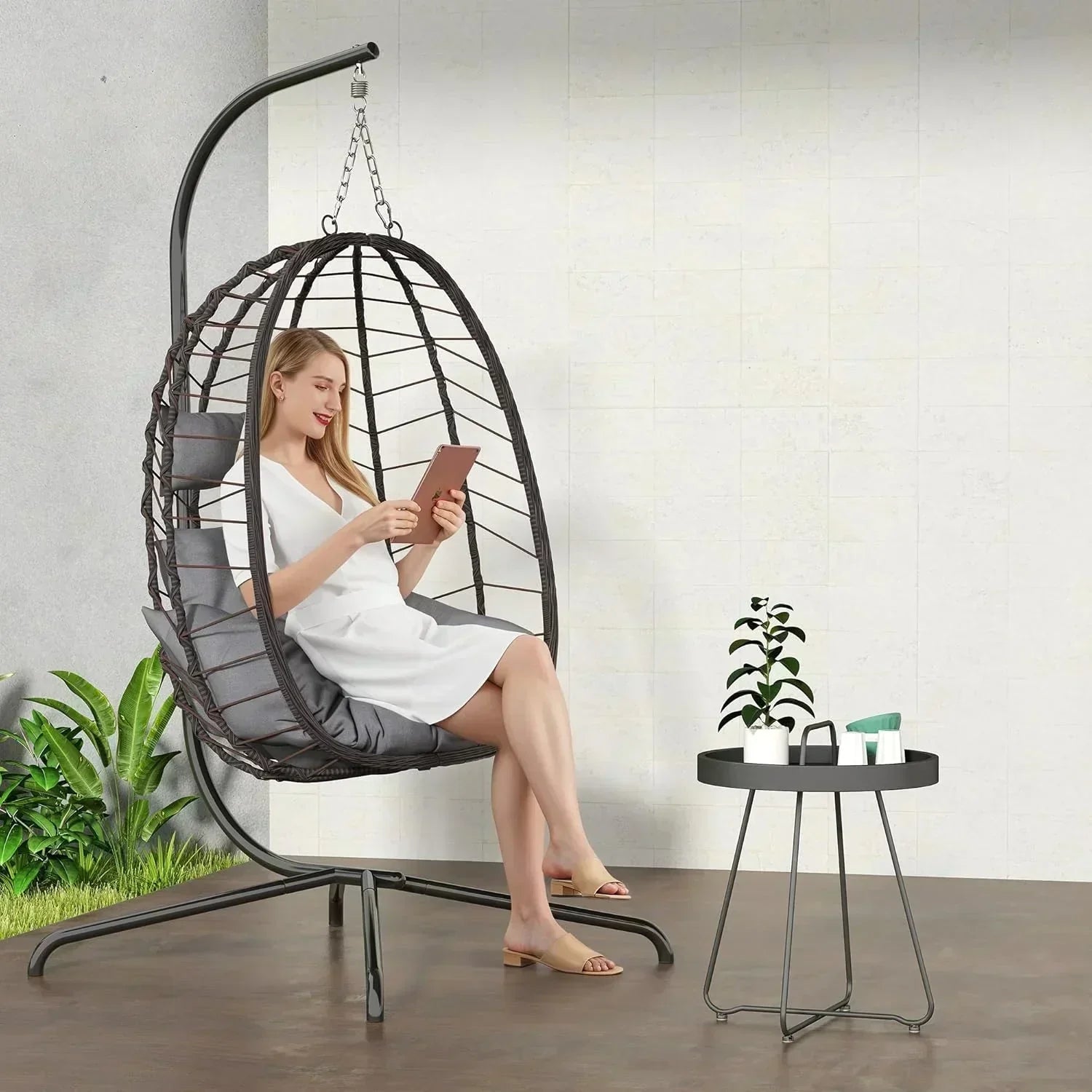Hanging Egg Chair with Stand Swinging Egg Chair Outdoor Hanging Basket Chair with Cushion wourant
