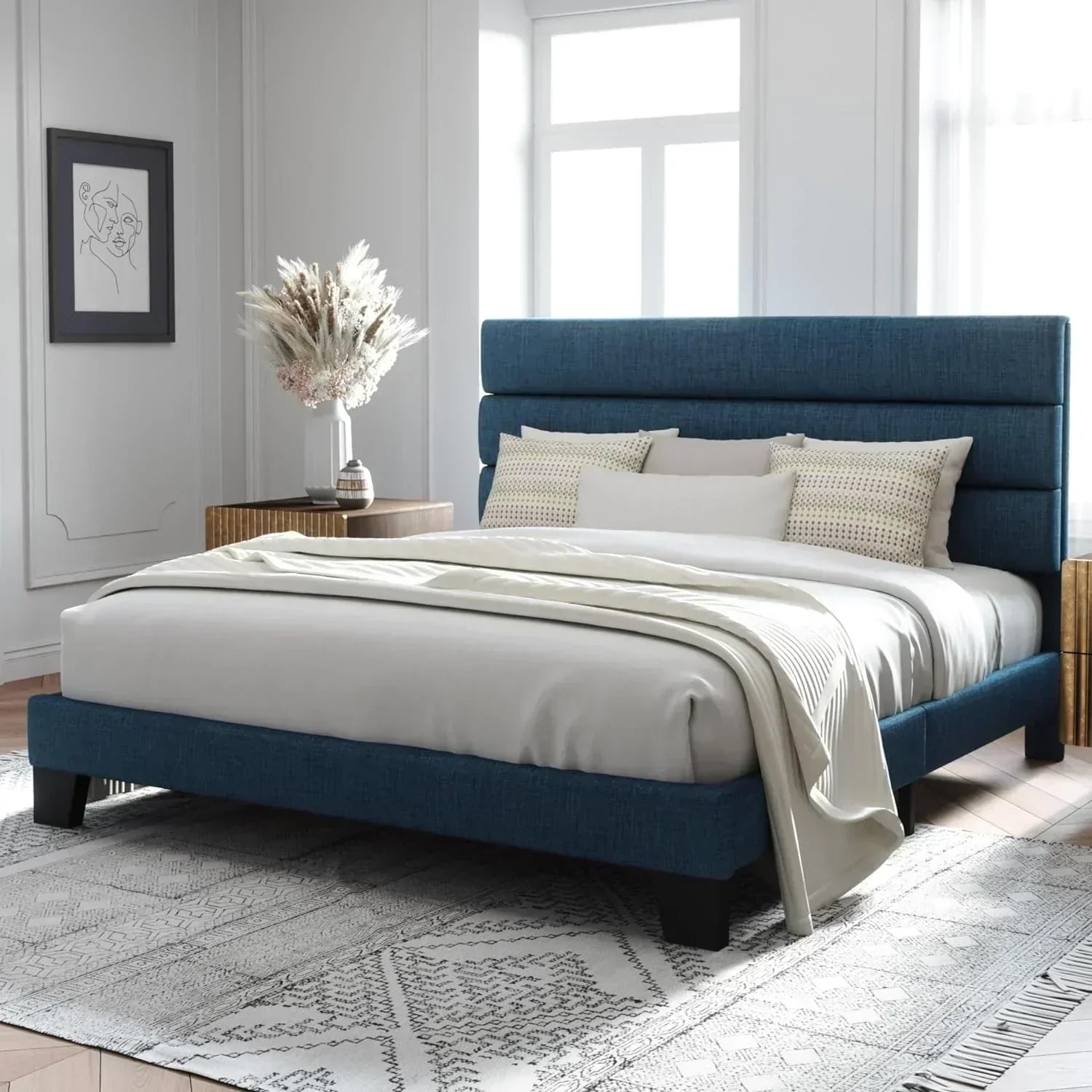 Allewie King size platform bed frame with velvet upholstered headboard and planks wourant