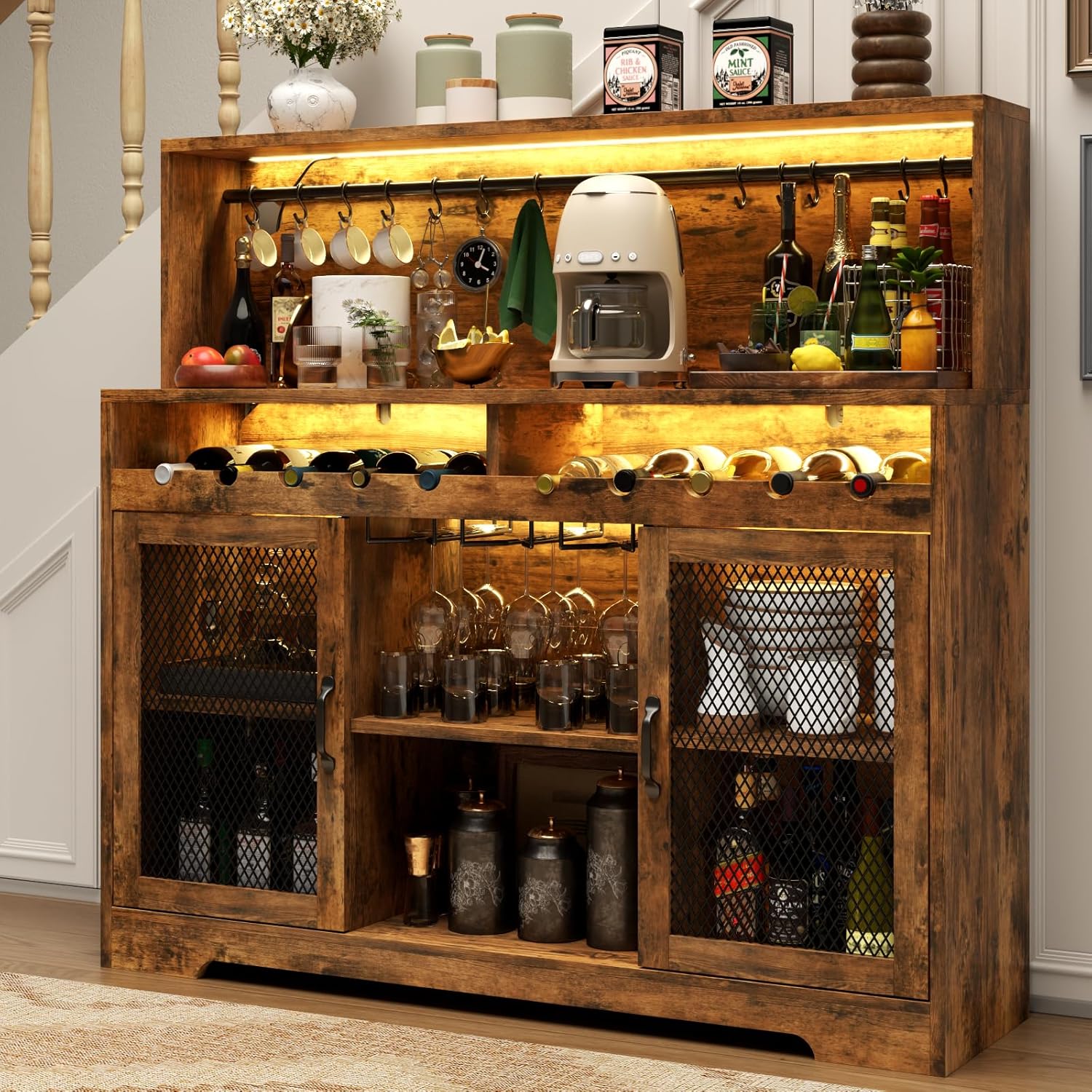 Wine Bar Cabinet with LED Light Liquor Cabinet with Glass Holder Coffee Bar for Liquor wourant