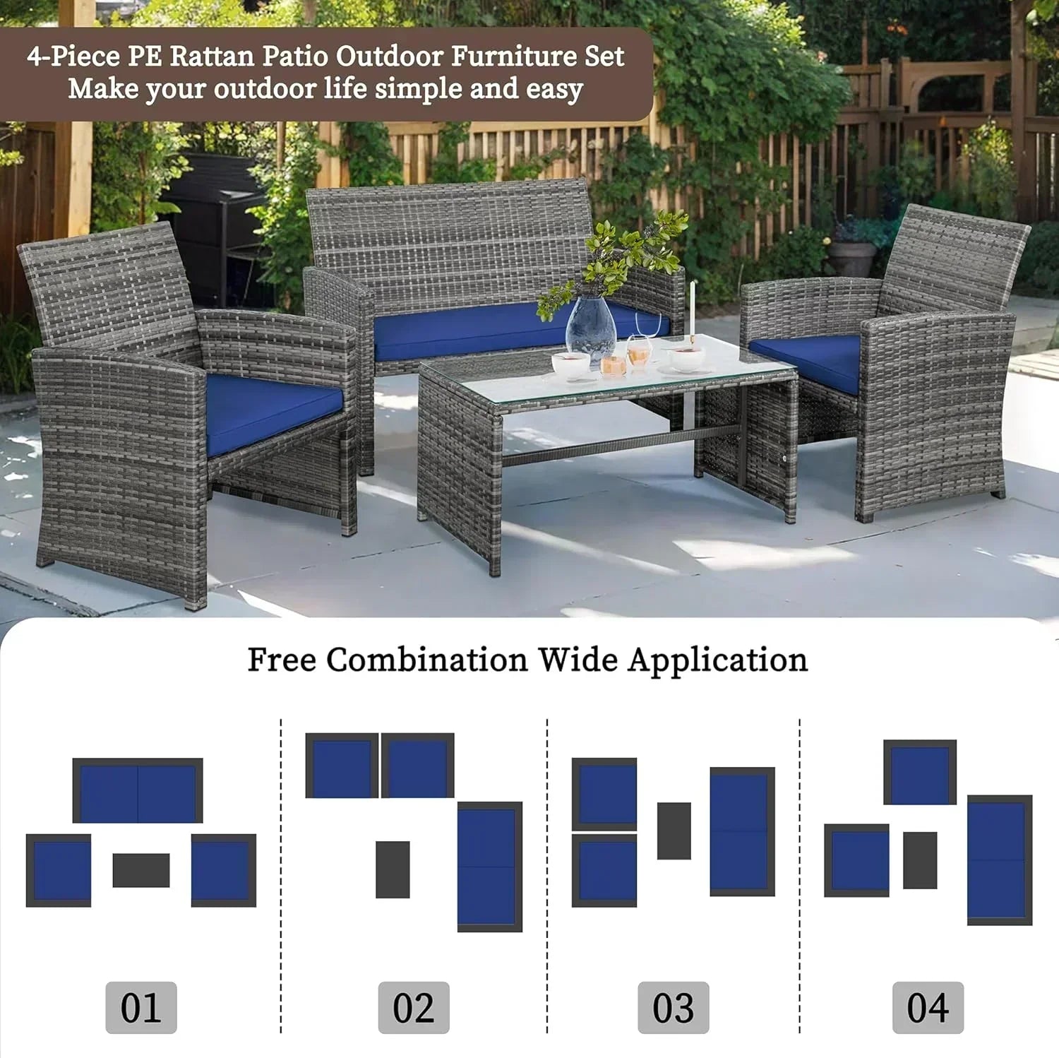 Shintenchi 4 Piece Patio Ratten Set Outdoor Furniture Set Wicker Conversation Set wourant