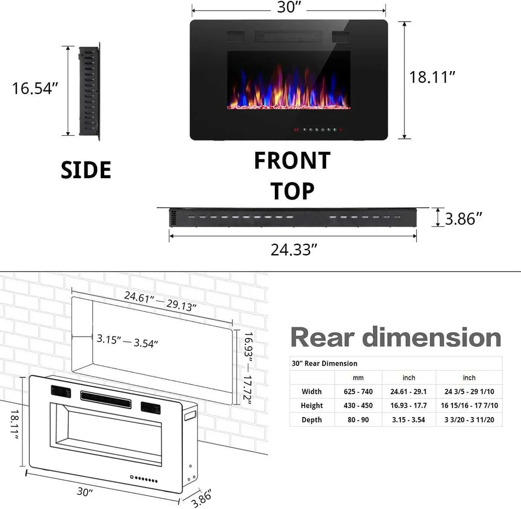 R.W.FLAME 60" Recessed and Wall Mounted Electric Fireplace Low Noise Fit for 2 x 6 Stud wourant