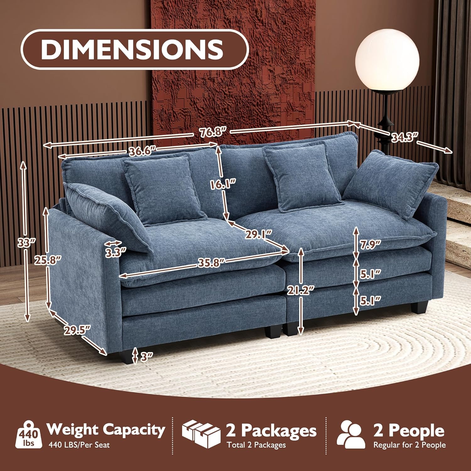 111.4 Inch L Shaped Modern Sofa Modular Cloud Sofa with Ottoman 4 Seater Chenille Deep Seat Sofa wourant