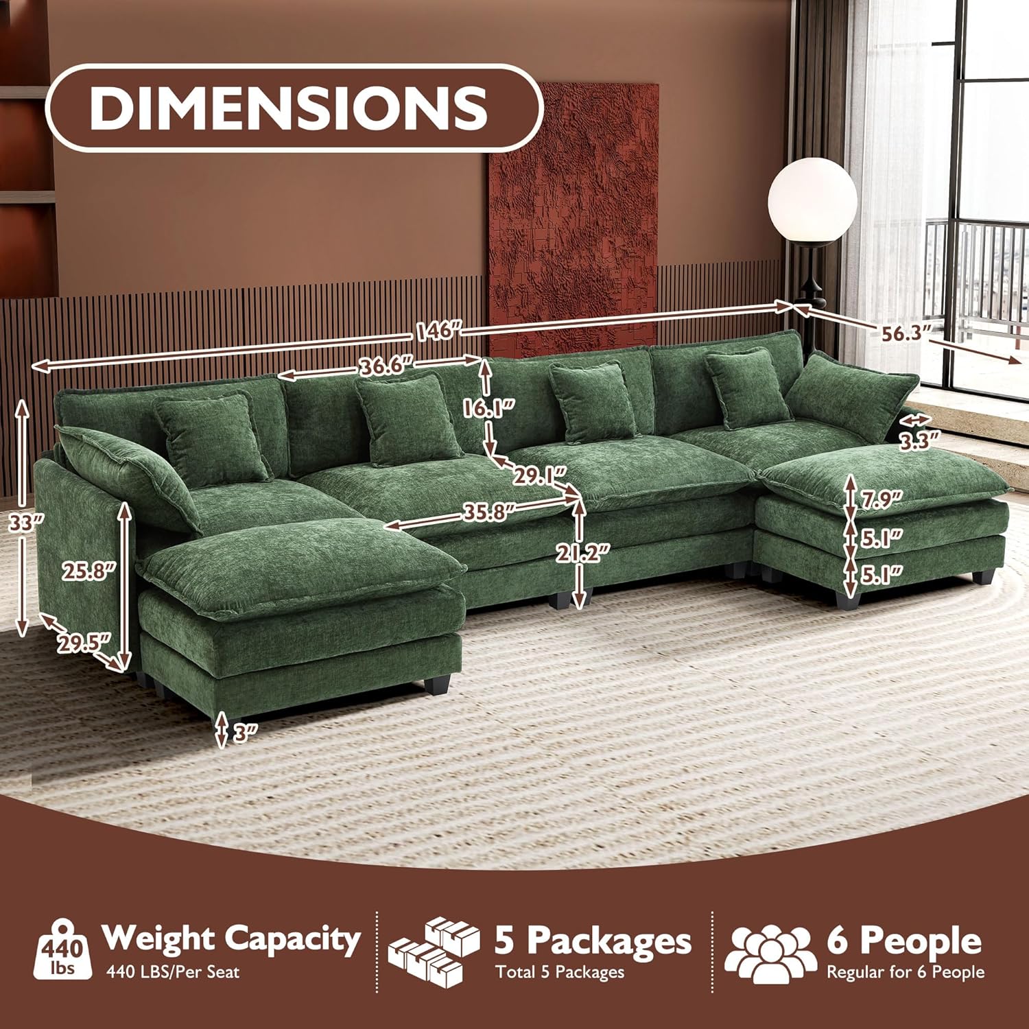 ihanherry 146-inch U-shaped modern sofa modular area cloud sofa wourant