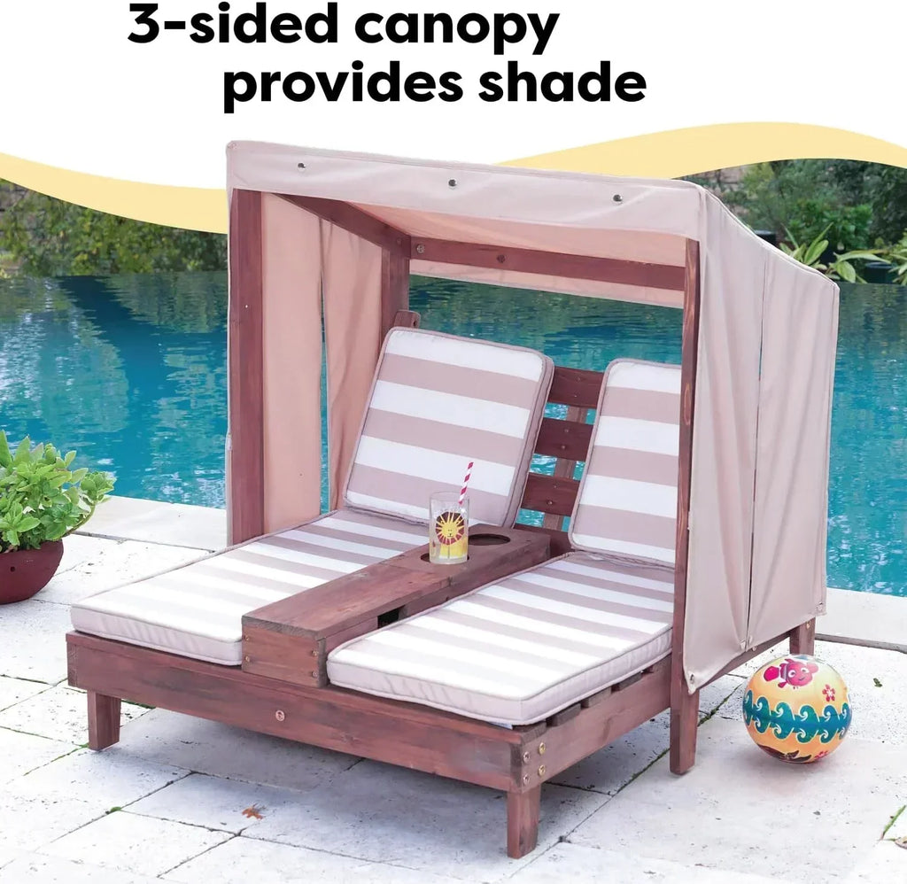 KidKraft Wooden Outdoor Double Chaise Lounge with Cup Holders Kids Patio Furniture Honey wourant