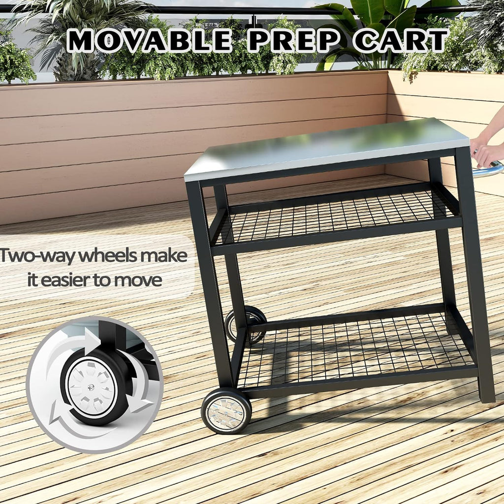 Stainless Steel Outdoor Grill Cart Pizza Oven Stand Trolley Table with Wheels Three-Shelf wourant