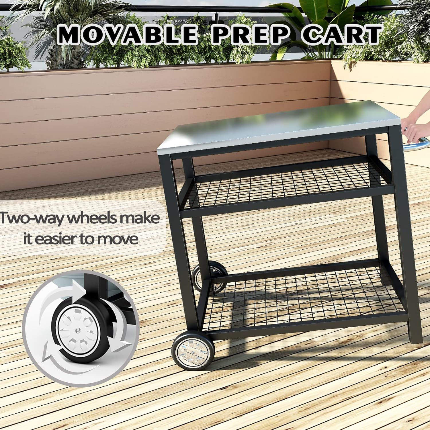 Stainless Steel Outdoor Grill Cart Pizza Oven Stand Trolley Table with Wheels Three-Shelf wourant