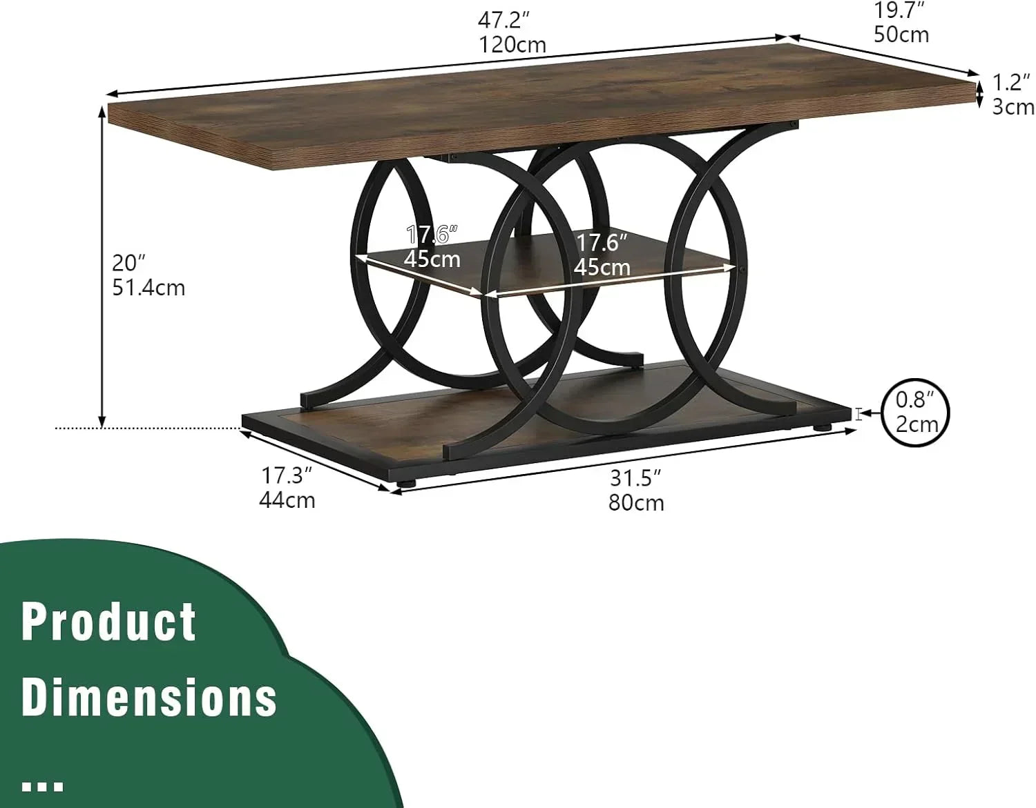 GiftGo Rustic Style Coffee Table Storage Industrial Style Three Tier Centerpiece Living Room Table wourant