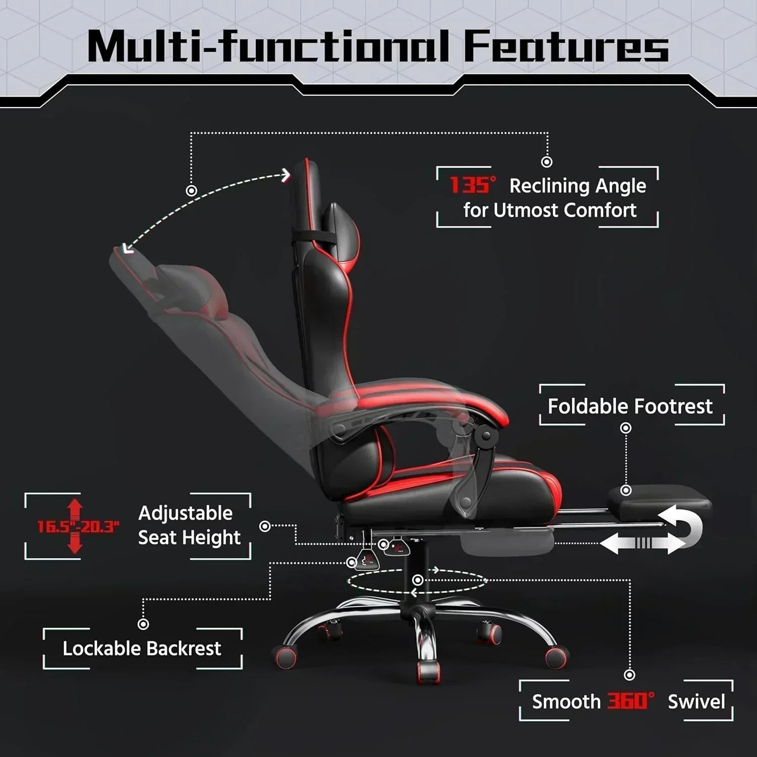 Gaming Chair with Massage Lumbar Support and Footrest Height Office Gaming Chair wourant