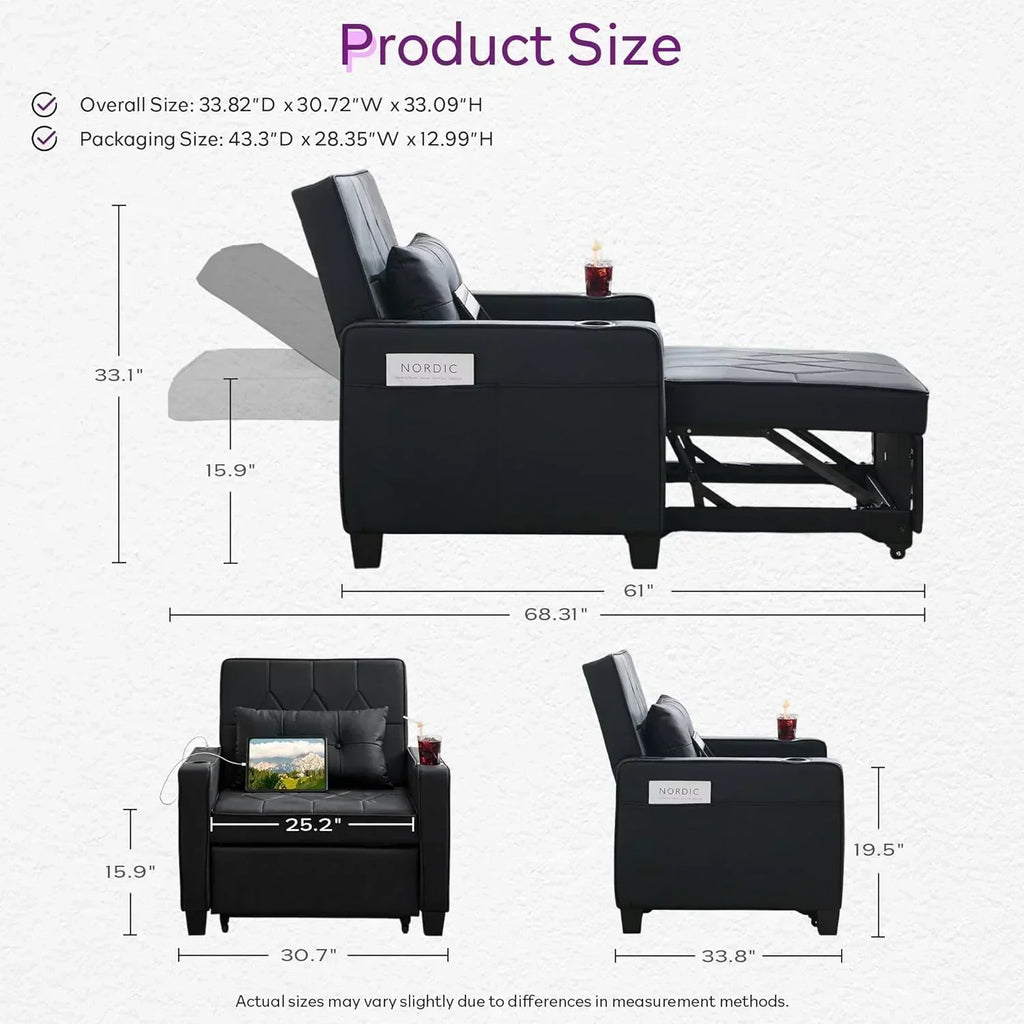 Adult Convertible Sleeper Chair Bed 3-in-1 Pull-Out Sofa Bed with USB/Type-C Ports Cup Holders wourant