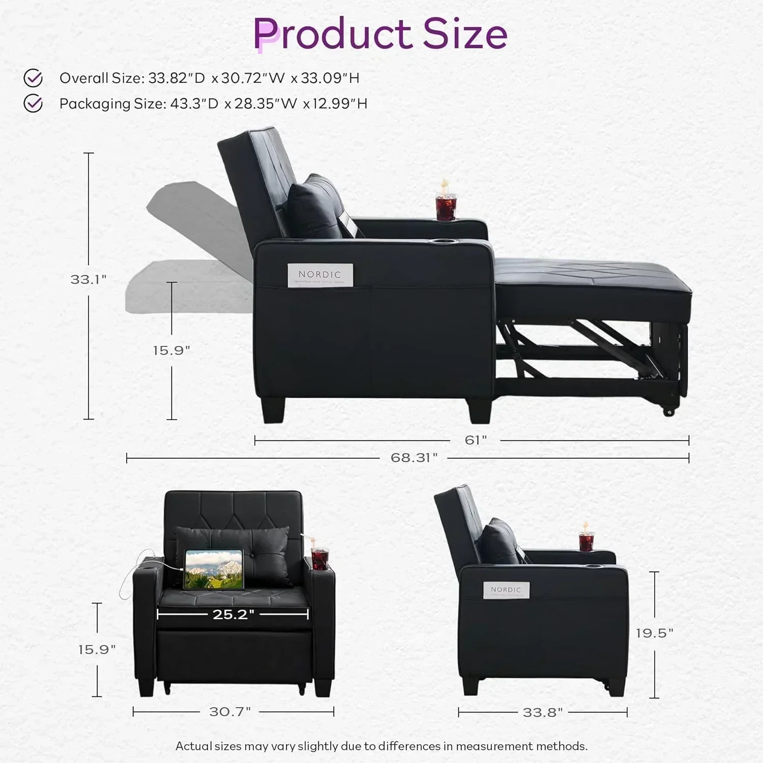 Adult Convertible Sleeper Chair Bed 3-in-1 Pull-Out Sofa Bed with USB/Type-C Ports Cup Holders wourant