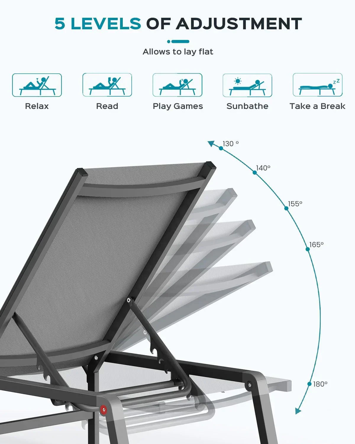 Aluminum Chaise Lounge Outdoor Foldable Assemble Free Outdoor Lounge Chair 5 Adjustable Backrest wourant