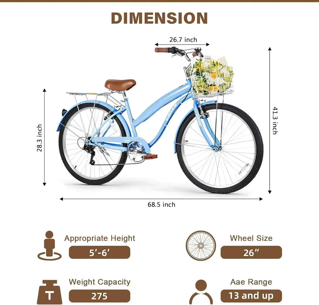 WEIZE Beach Cruiser Bike 26 inch Commuter Bicycle for Adult Men and Women 7-Speed/High-Carbon wourant