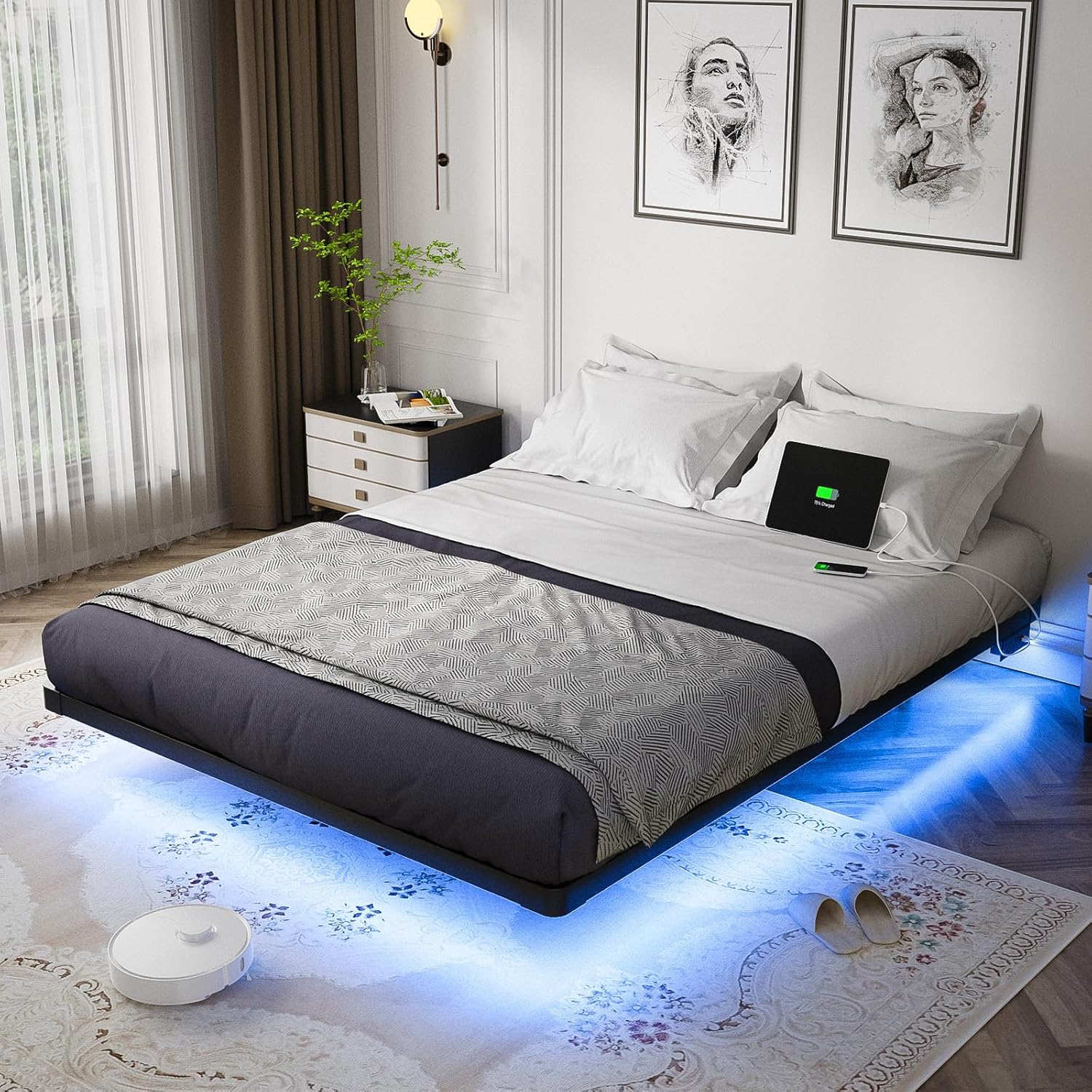 OLEVS Floating Bed Frame Queen Size with Smart LED Lights Modern Metal Platform Bed wourant